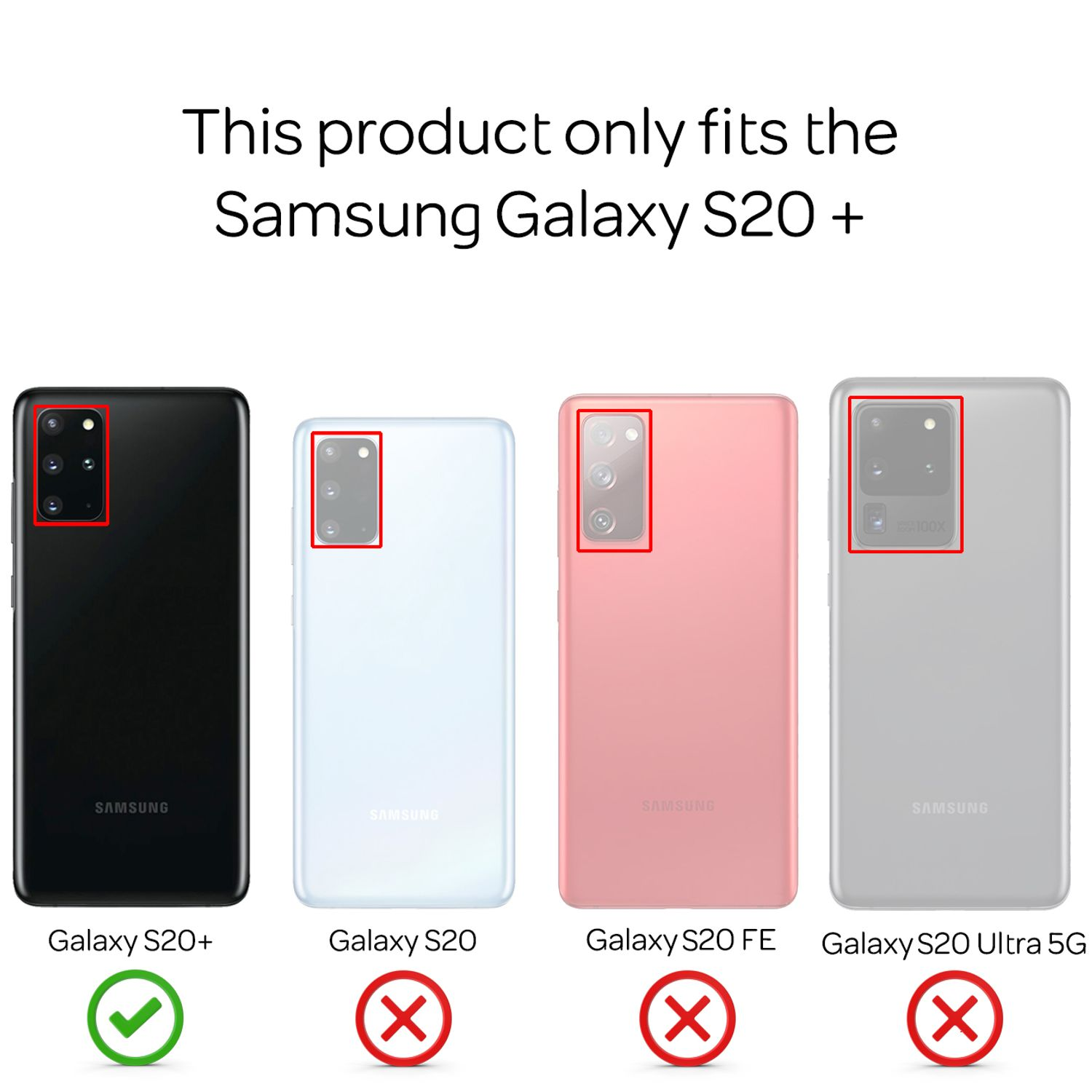 Vier Telefonmodelle. S20+ mit grünem Häkchen, andere mit roten X-Markierungen. Nur für S20+.