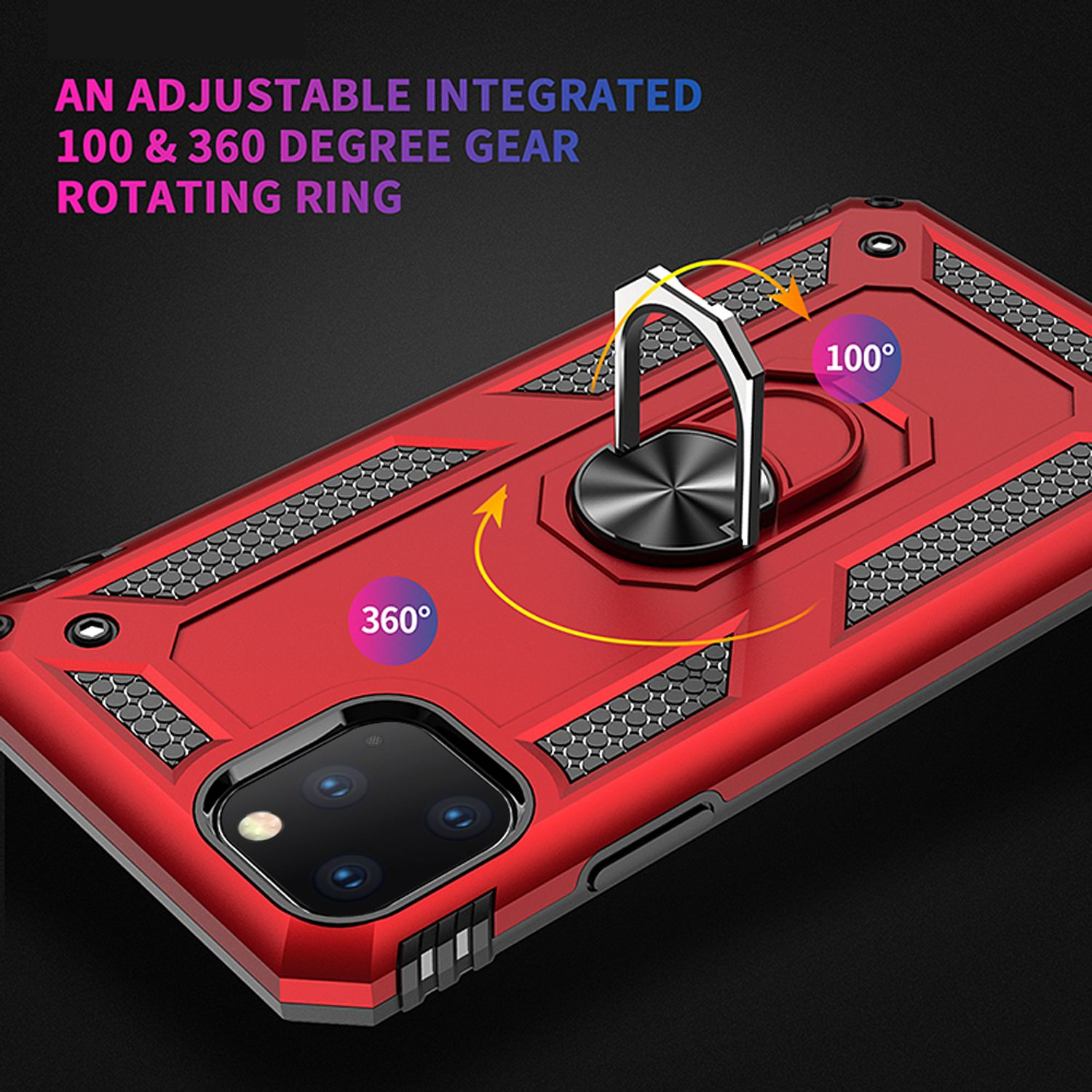 Funda de teléfono roja con un anillo giratorio. Texto: 'ANILLO GIRATORIO DE ENGRANAJE INTEGRADO AJUSTABLE 100 Y 360 GRADOS'.
