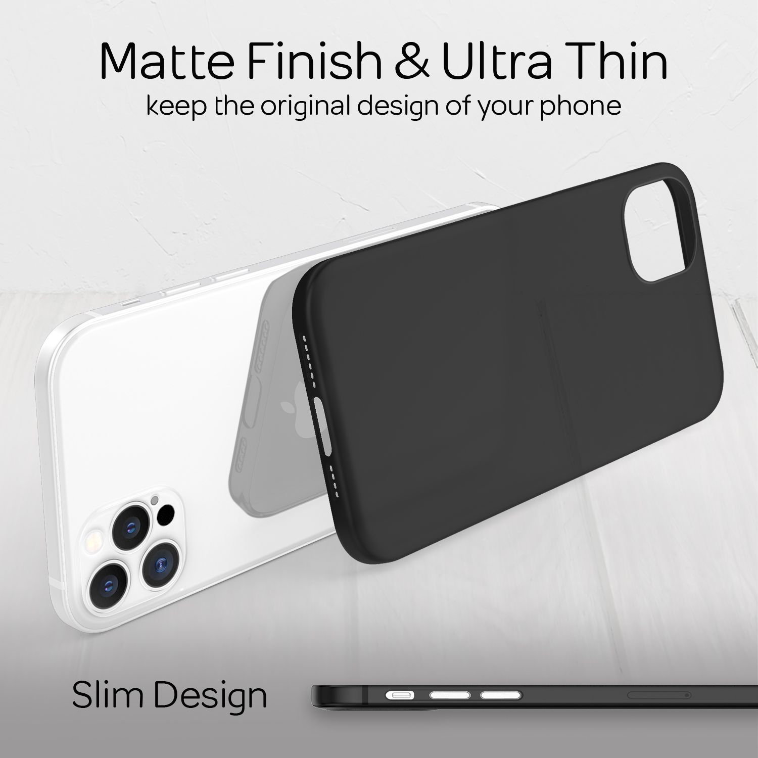 Zwei Handyhüllen, eine schwarz, eine transparent, beide liegen auf einer Oberfläche. Text lautet "Matt Finish".