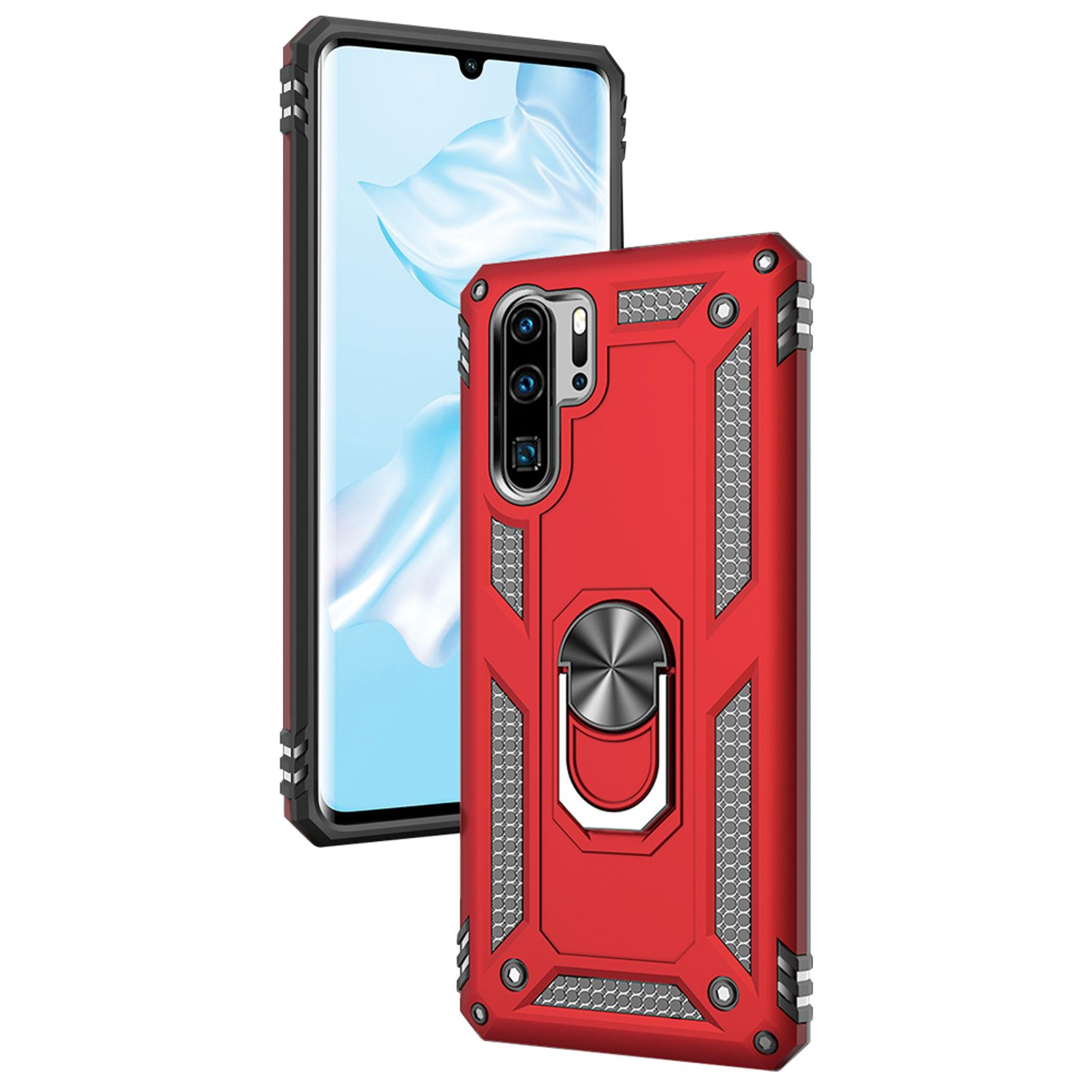 Rote Handyhülle mit Ringhalter. Das Telefon ist im Hintergrund. Die Hülle hat ein schützendes Design.