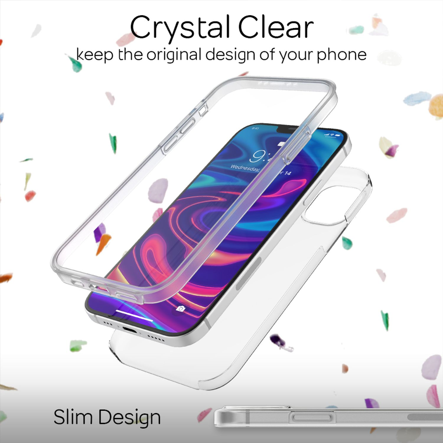 Una funda transparente para teléfono sostiene un teléfono con fondo de pantalla colorido. Diseño delgado.
