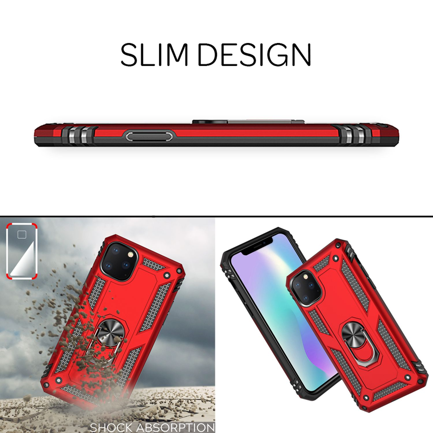 Funda de teléfono roja con anillo plateado y teléfono con la misma funda.