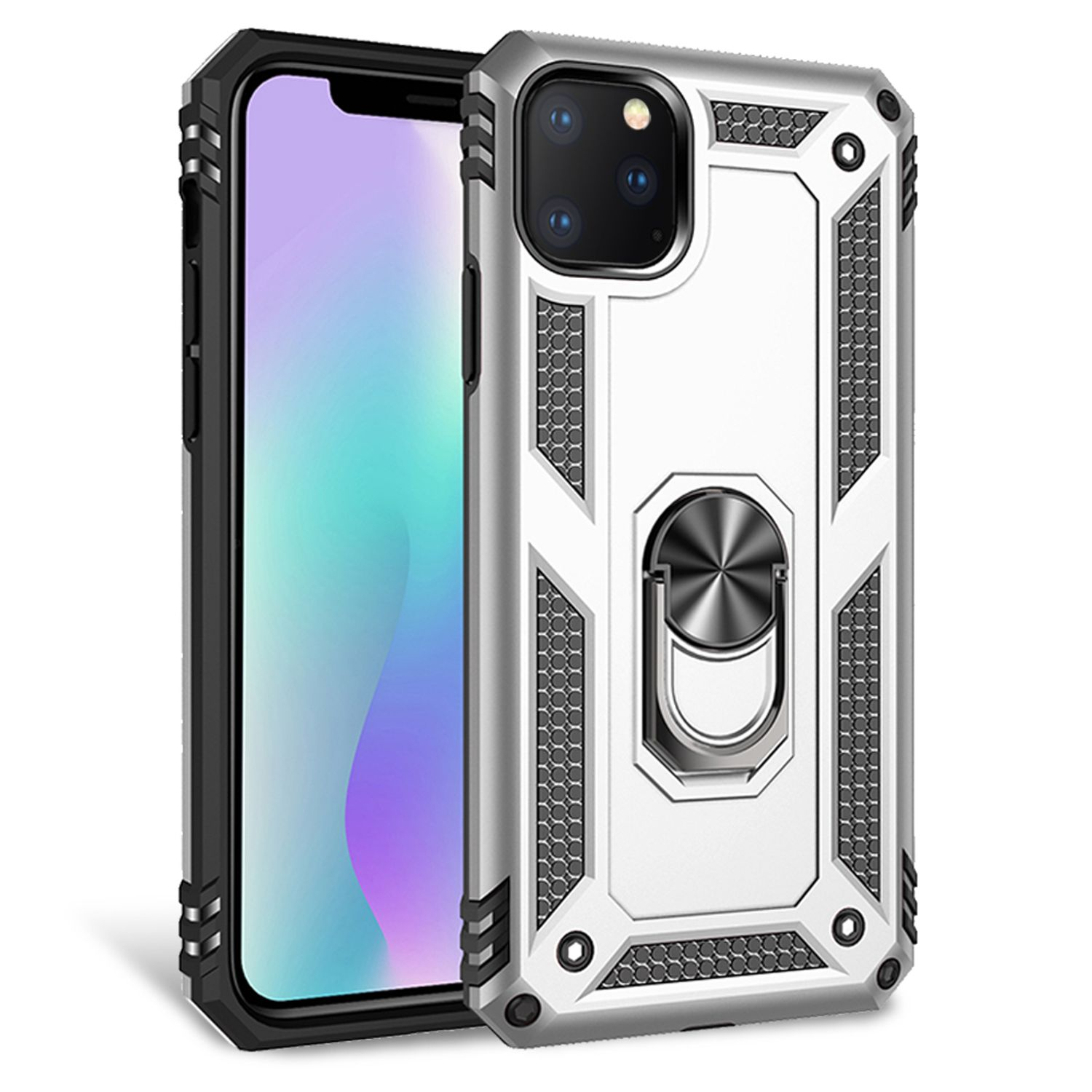Funda plateada y blanca para teléfono con soporte de anillo. Pantalla del teléfono visible. Diseño geométrico.