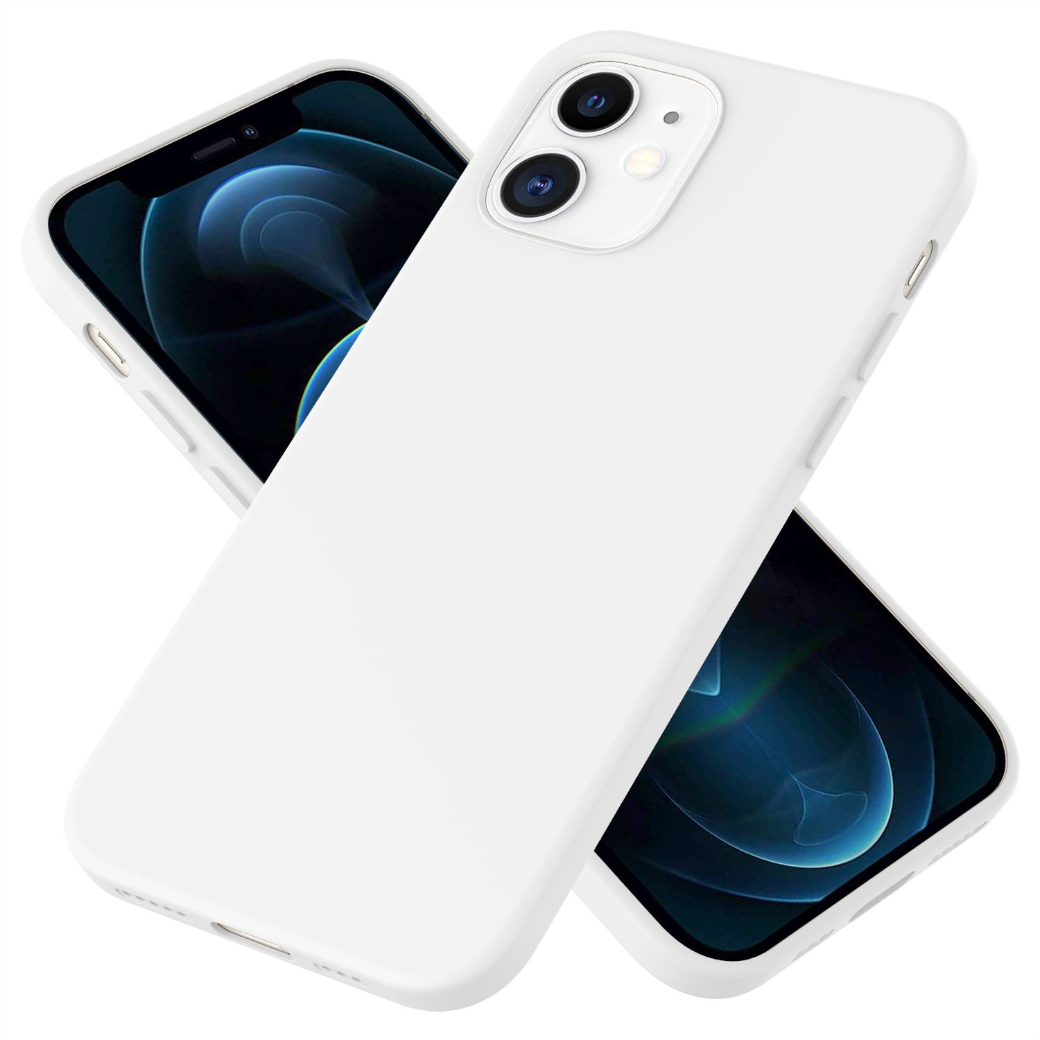 Zwei weiße iPhone 12, eines in einer weißen Hülle, auf weißem Hintergrund.