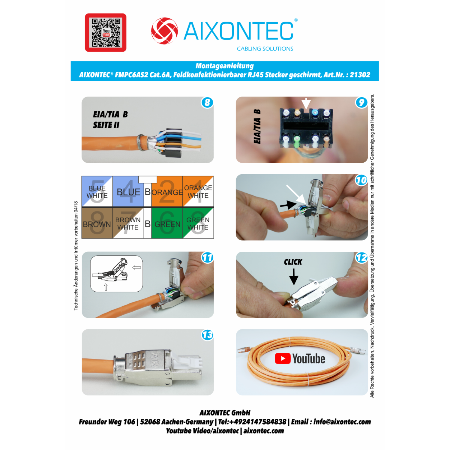 AIXONTEC 10 x Stecker, Silber geschirmt für Netzwerkstecker Verlegekabel, 7 RJ45 Cat