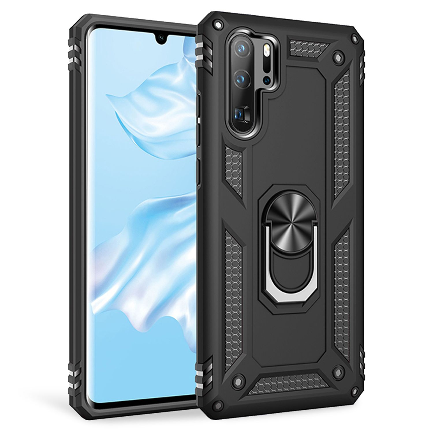 Huawei, Schwarz Ring Backcover, Hülle, P30 Stoßfeste Military-Style Pro, NALIA