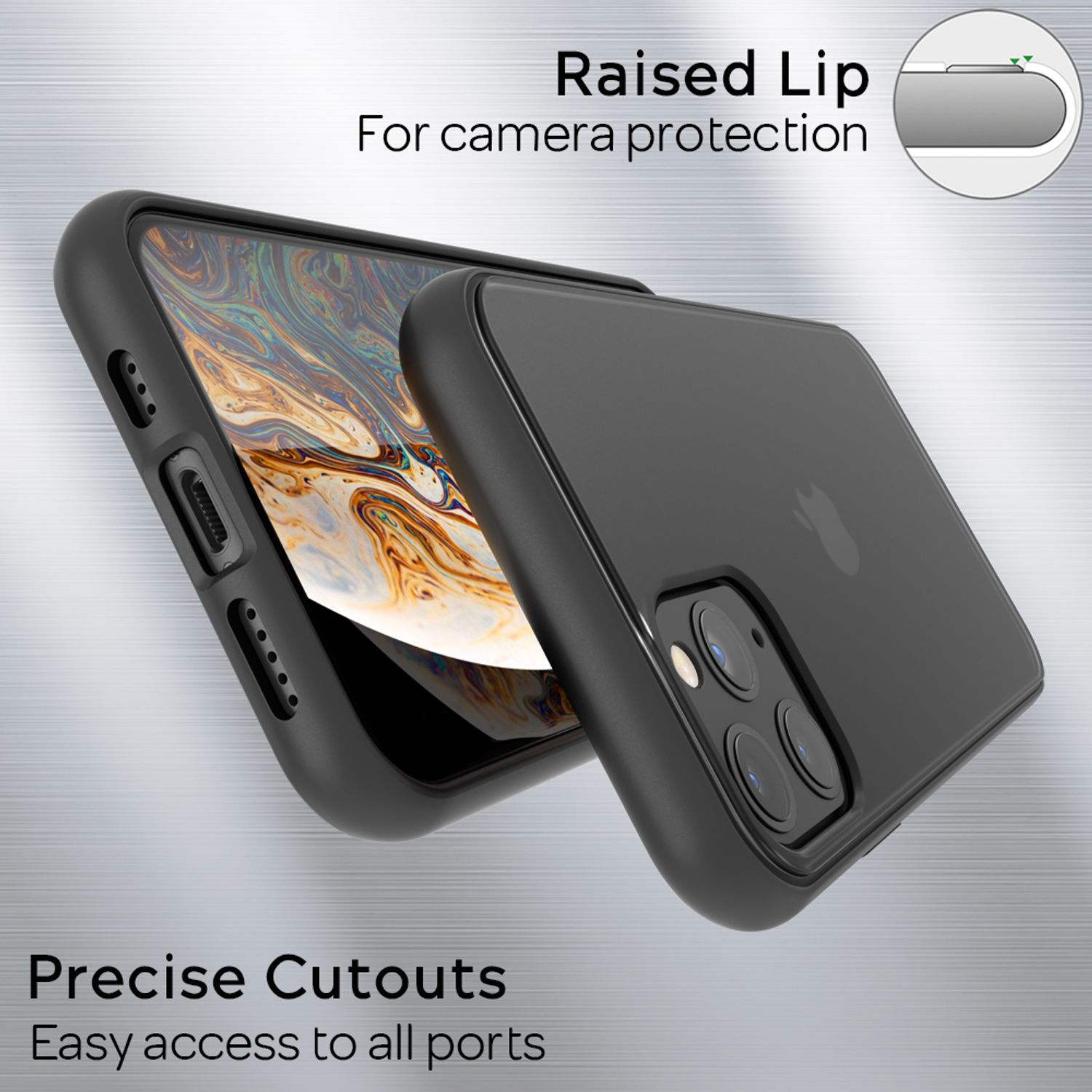 Se muestra una funda de teléfono negra con la parte trasera transparente. La imagen resalta recortes precisos y un labio elevado.