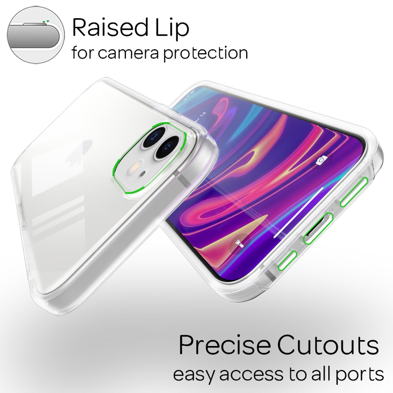 Funda transparente con borde elevado para protección de cámara y recortes precisos.