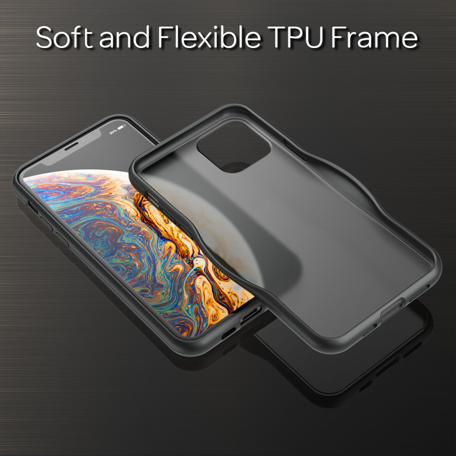 Una funda de teléfono negra alrededor de un teléfono, con un marco de TPU suave. El teléfono muestra una imagen colorida.