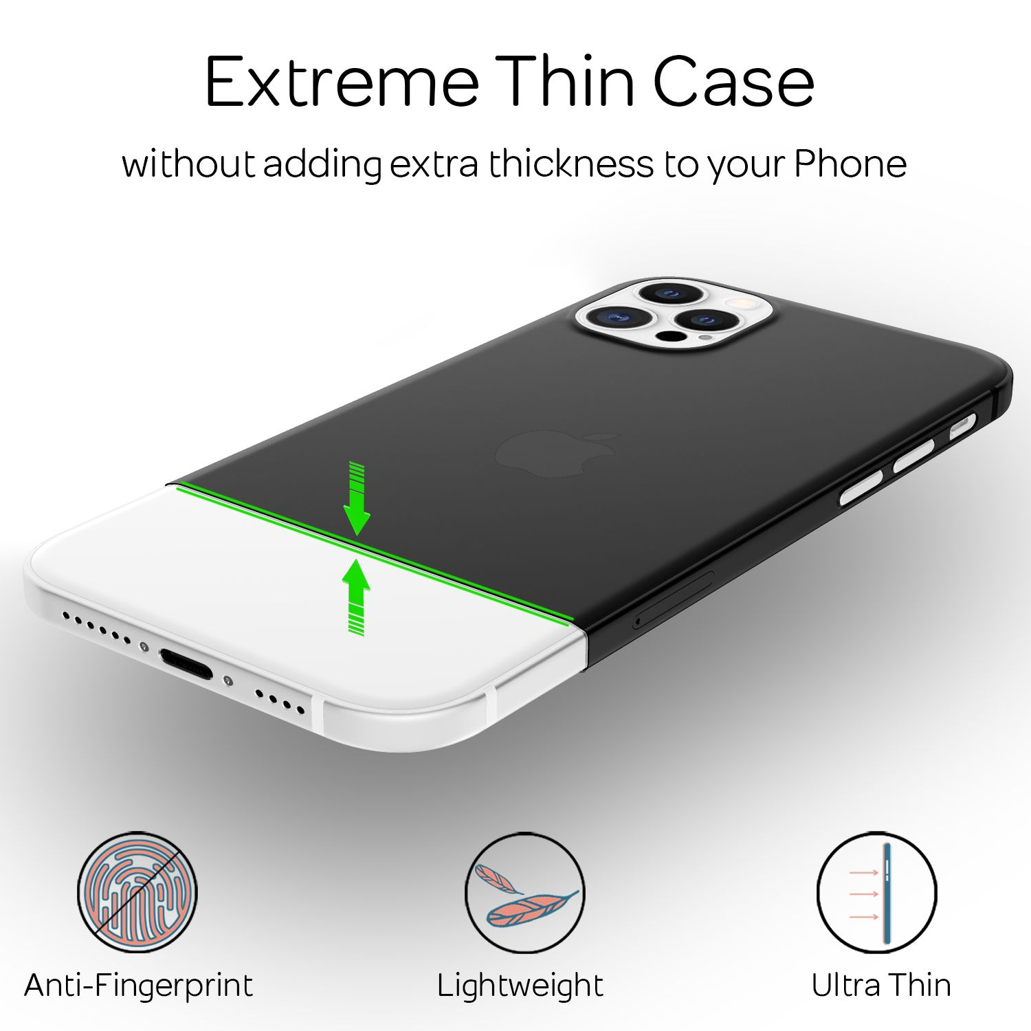 Ein iPhone in einer weiß-schwarzen Hülle wird gezeigt. Die Hülle wird als ultradünn und fingerabdruckresistent beworben.