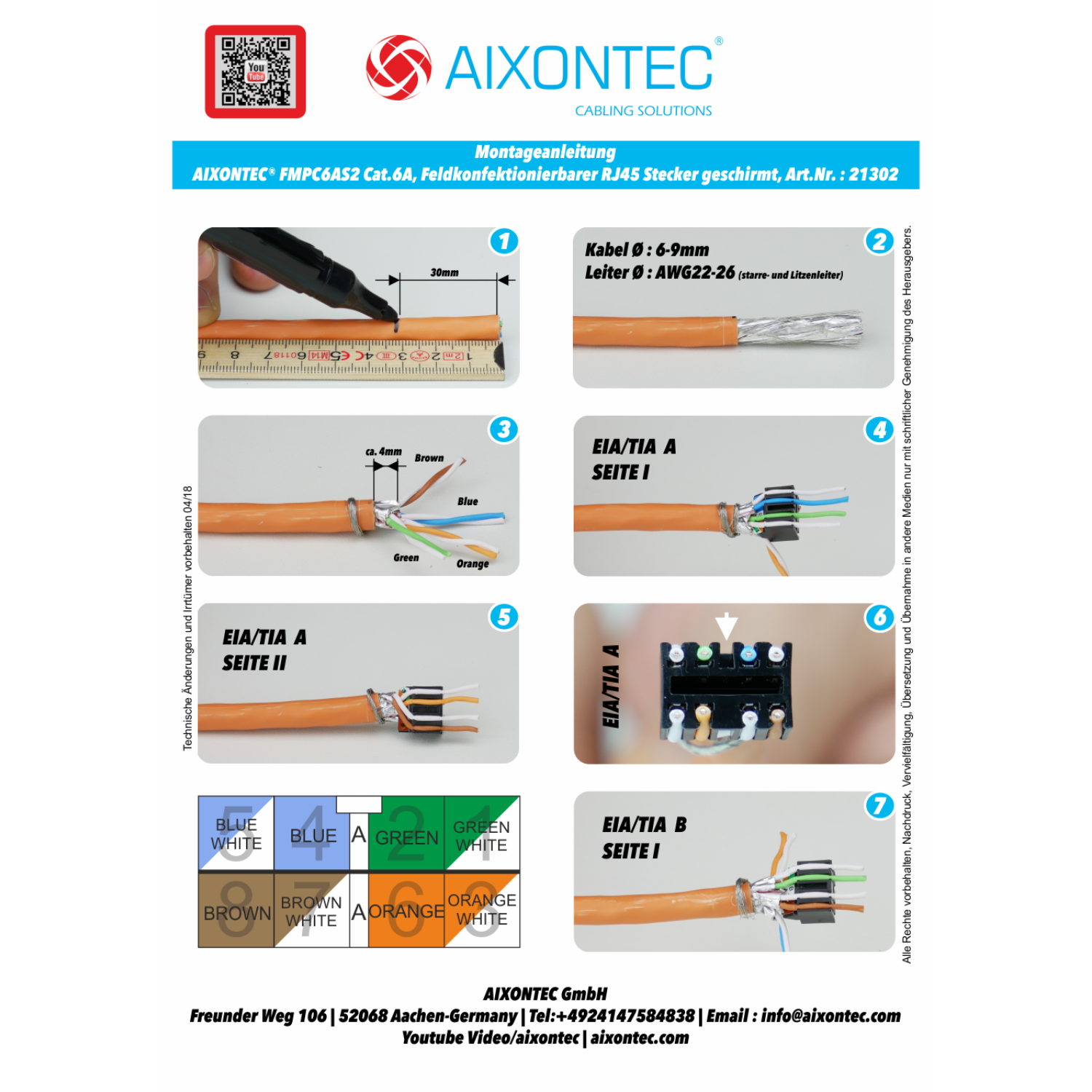 AIXONTEC 10 x Stecker, Silber geschirmt für Netzwerkstecker Verlegekabel, 7 RJ45 Cat