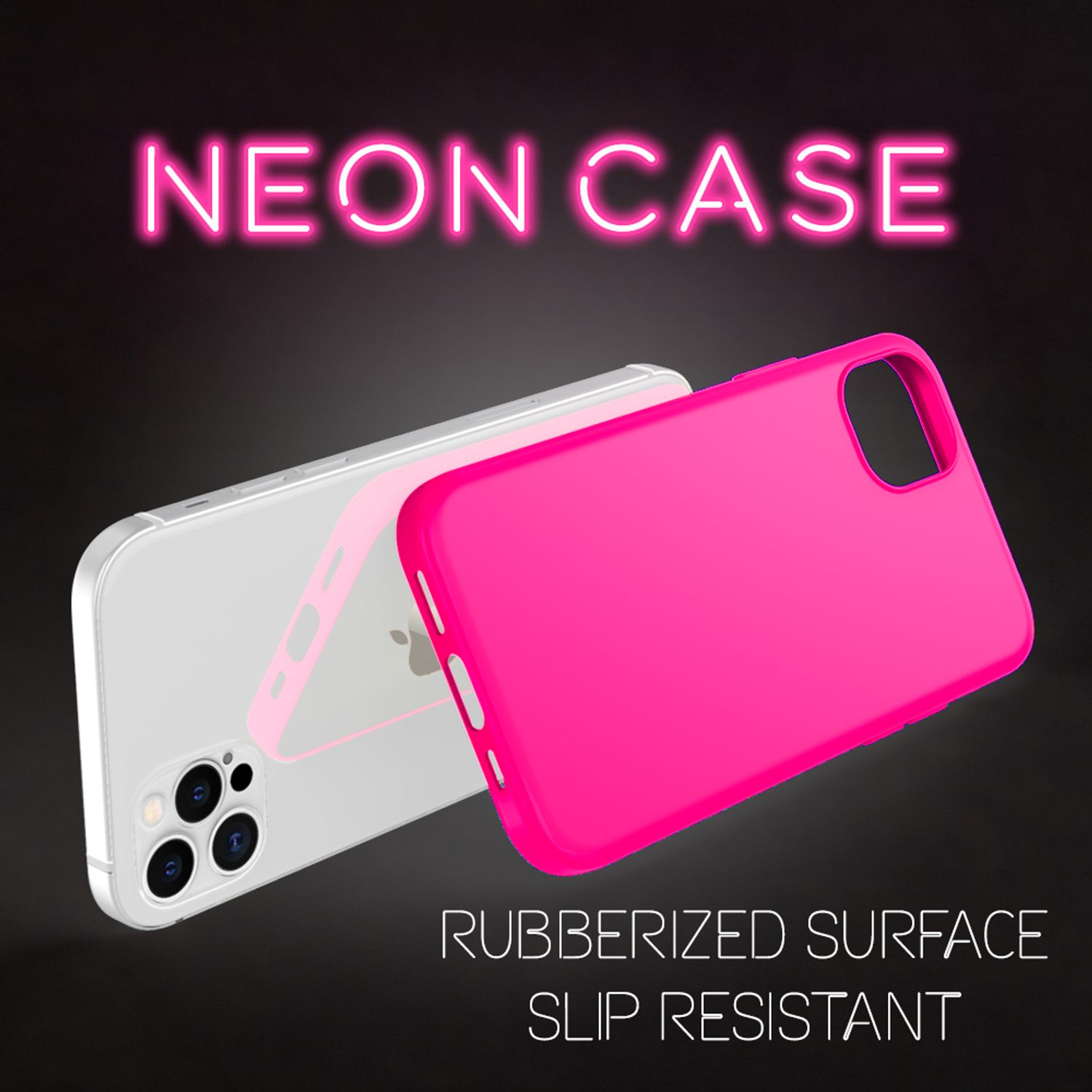 Rosa Handyhülle, transparente Hülle, mit Neontext: NEON CASE.