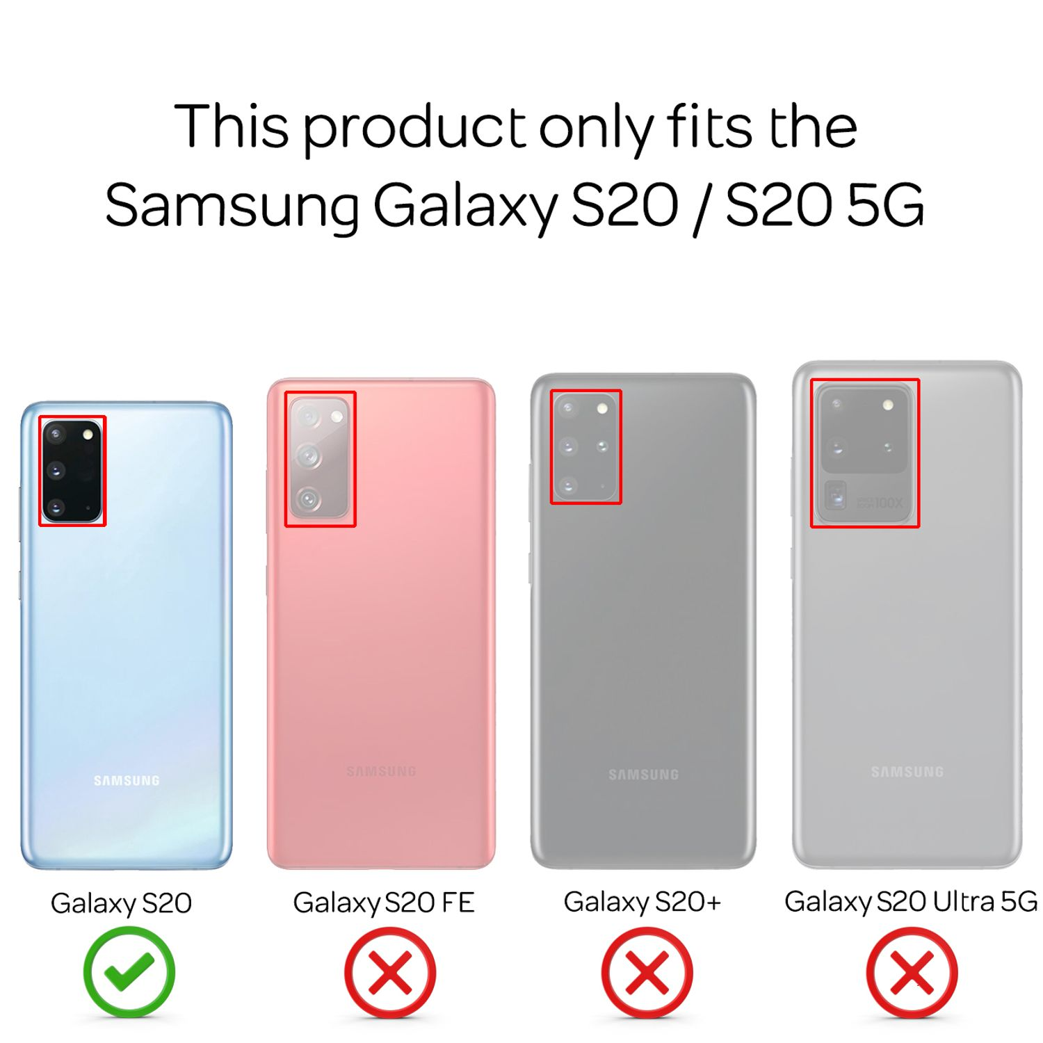 Vier Telefone, Samsung S20 ist angekreuzt, andere sind rote X. Text: passt Samsung S20/S20 5G.