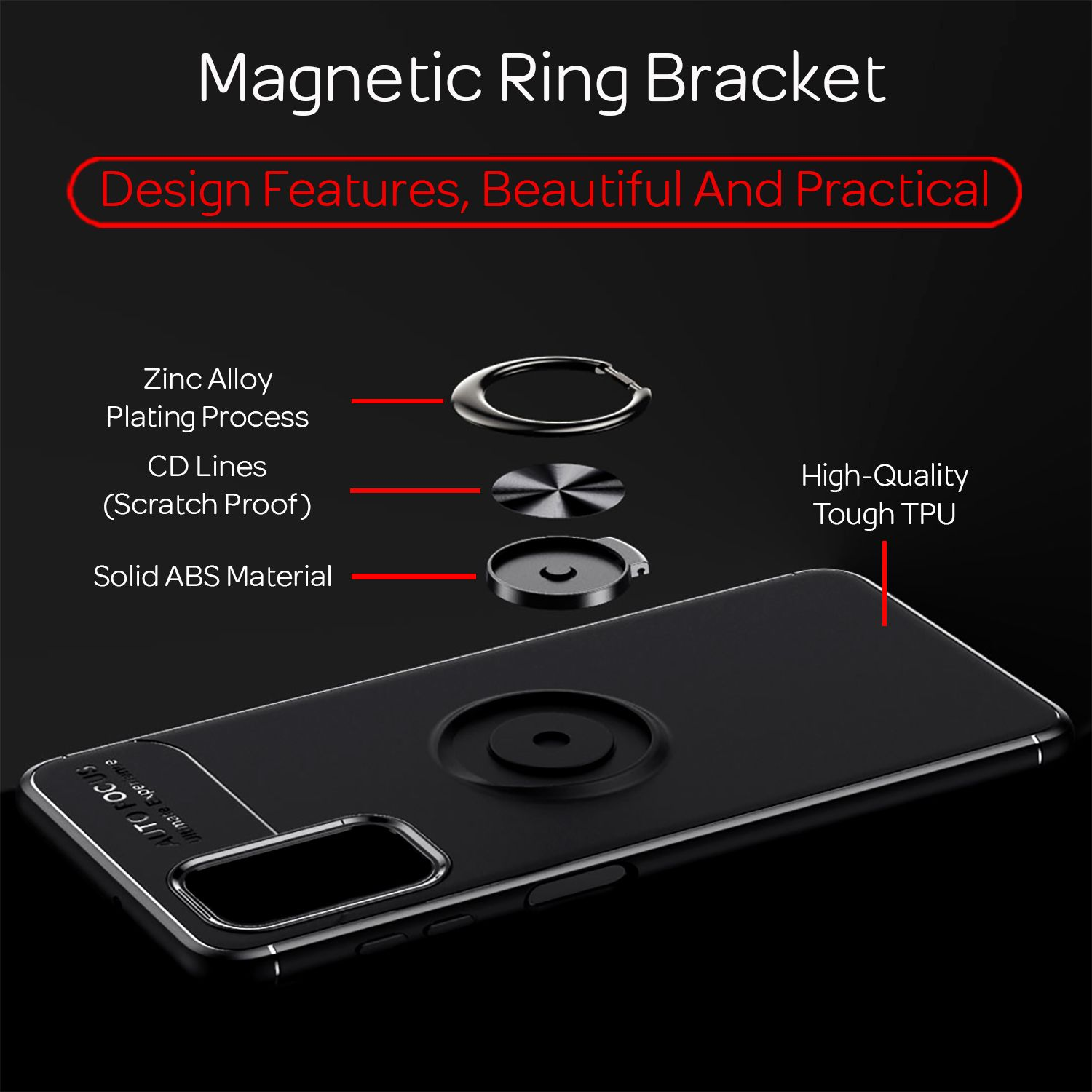 Schwarze Handyhülle mit Ringhalterung. Merkmale sind Zinklegierung und hochwertiges TPU-Material.