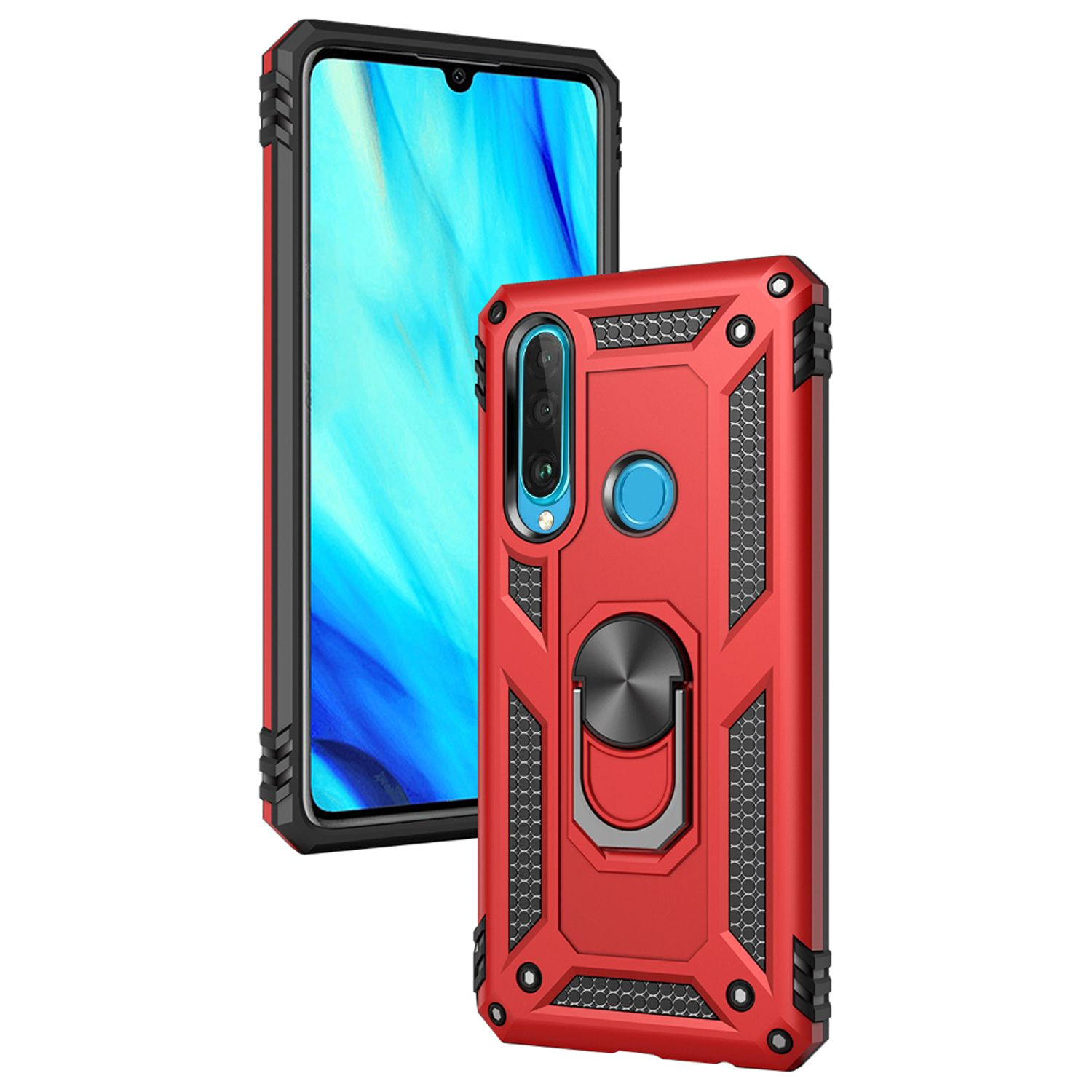 Coque de téléphone rouge avec des détails noirs. Téléphone noir derrière. Support de bague à l'arrière.