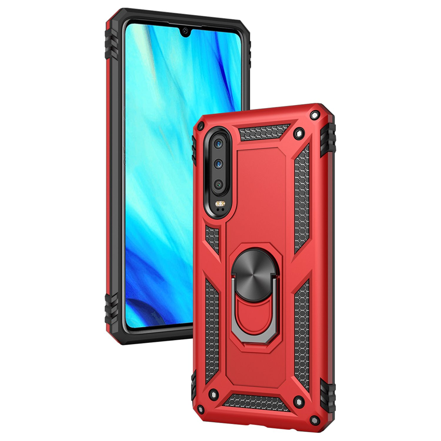 Coque de téléphone rouge avec des accents noirs. La coque est sur un téléphone. Avec un anneau.