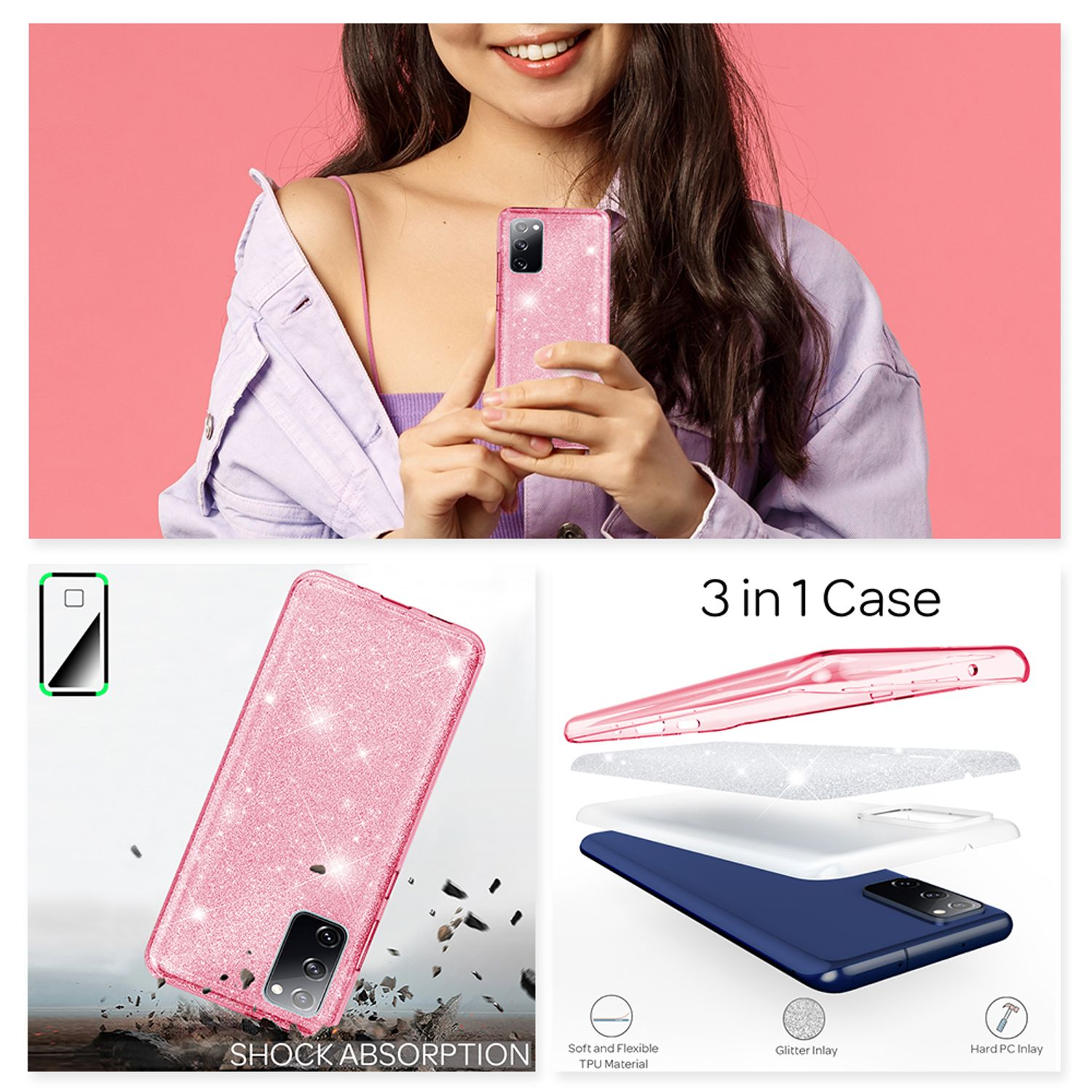 NALIA Glitzer Samsung, Backcover, Pink Galaxy S20 FE, Hülle
