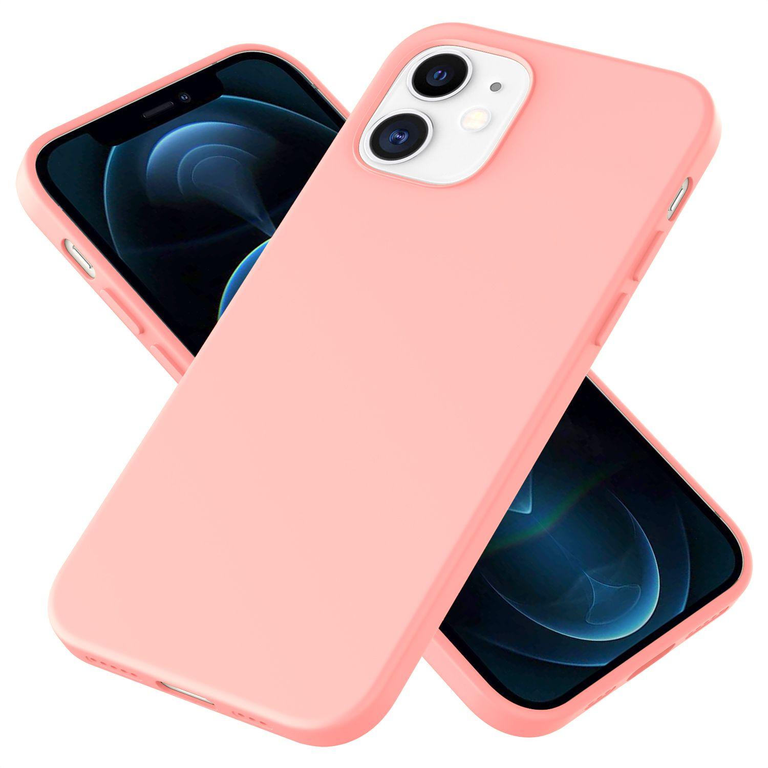 Ein rosa Telefon liegt auf einem anderen rosa Telefon. Beide haben eine glatte, einfarbige Farbe. Sie sind auf weißem Hintergrund.