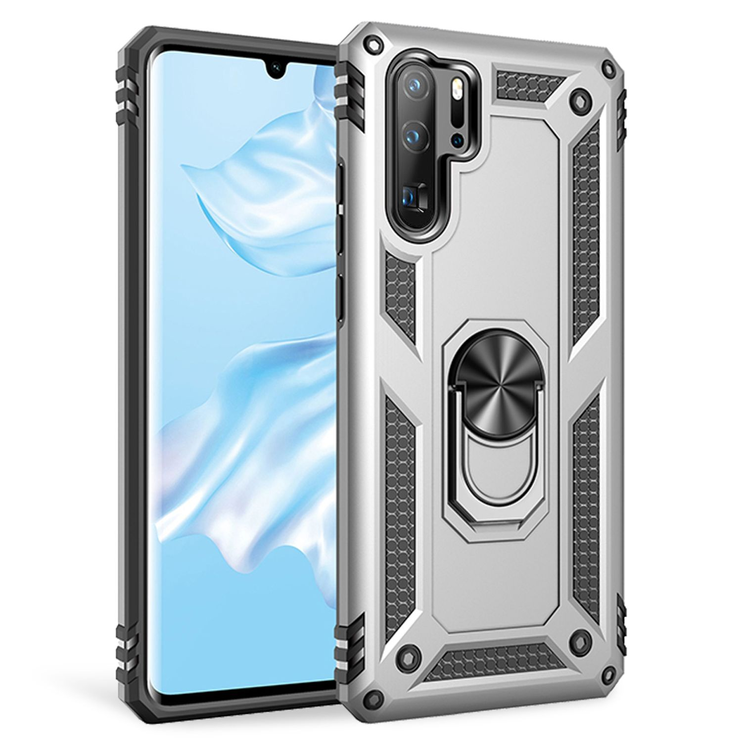 Telefon in silberner Hülle mit schwarzem Rand und silbernem Ringhalter. Das Telefon ist links.