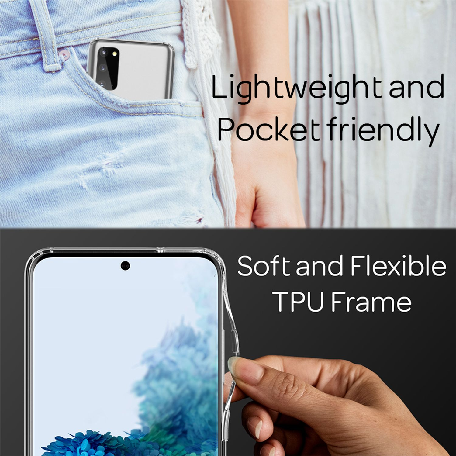 Eine transparente Handyhülle in einer Tasche und eine weitere in der Hand gehalten. Text: 'Soft and Flexible TPU Frame'.