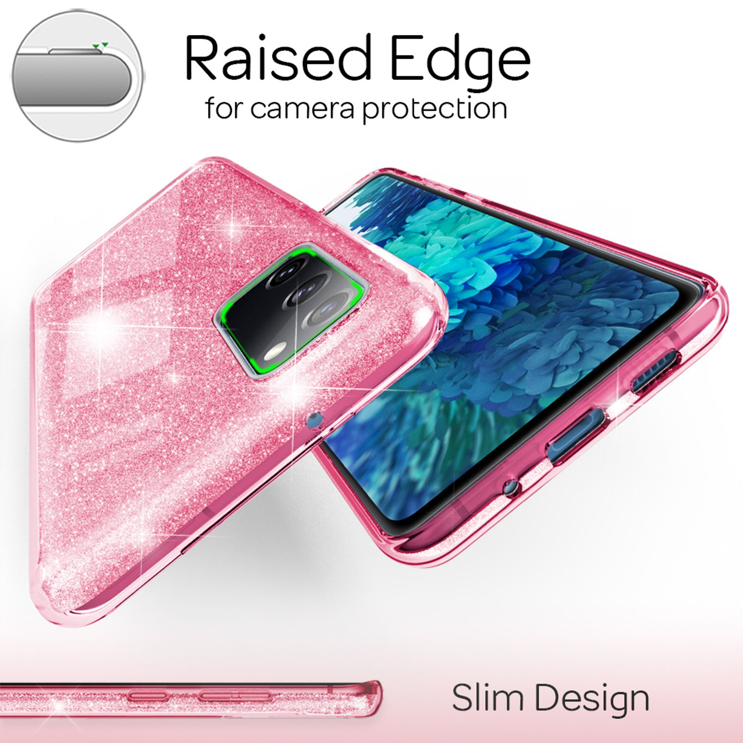 Rosa Glitzer-Handyhülle auf einem pinken Telefon. Zeigt die Hülle mit dem Telefon darin.