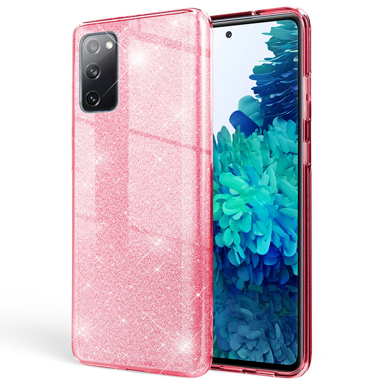 Eine pinkfarbene Handyhülle mit Glitzer, die ein Handy mit blauem Bildschirm hält. Die Hülle glitzert.