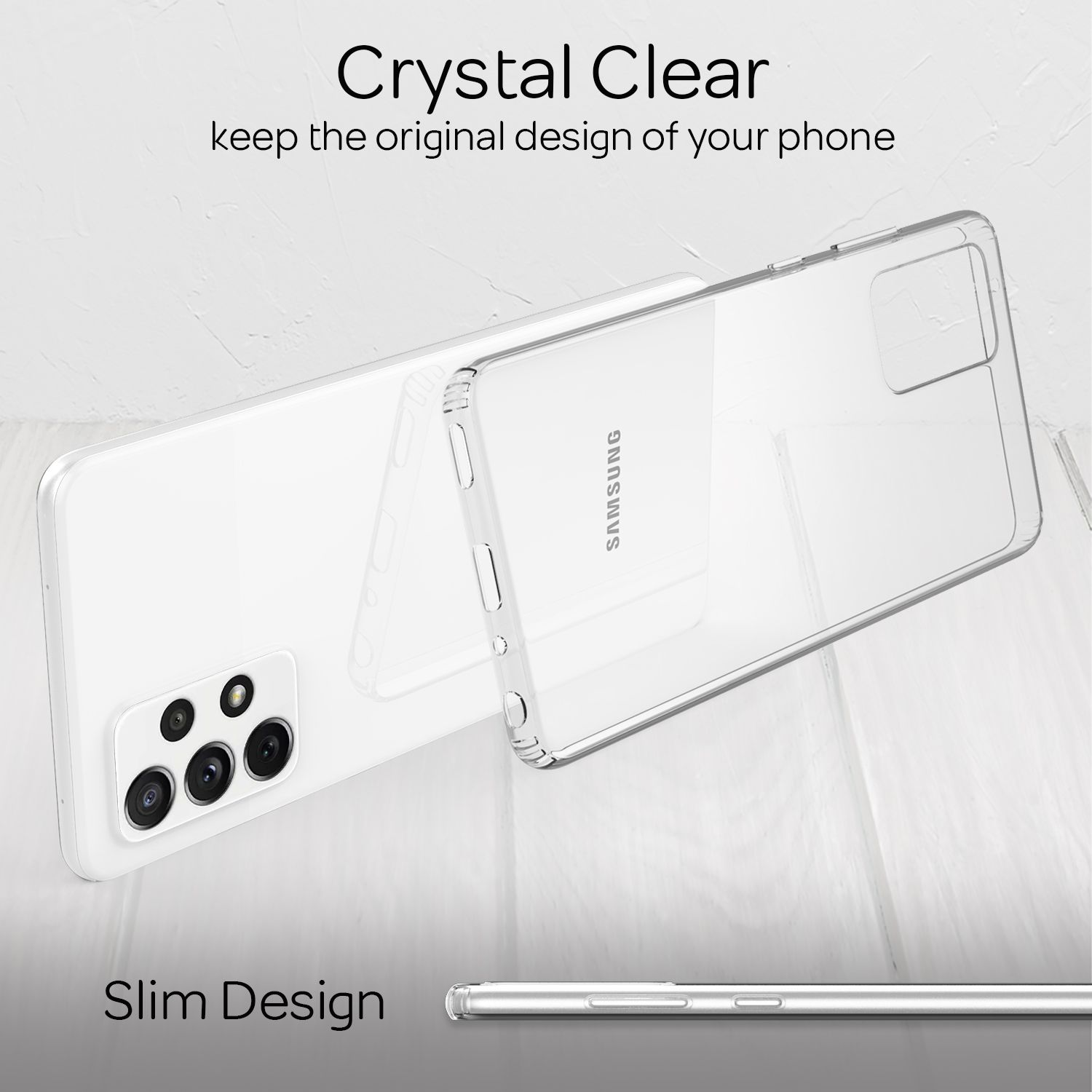 Zwei transparente Handyhüllen. Eine liegt flach, eine steht. Weißes Telefon dahinter. Schlankes Design.
