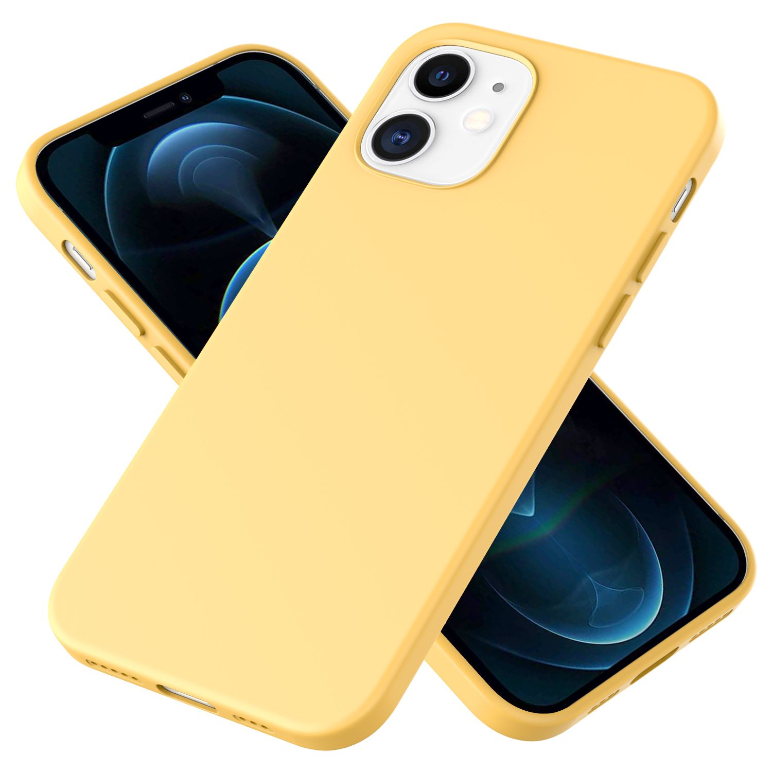 Zwei gelbe iPhone 12, eines in einer gelben Hülle, auf weißem Hintergrund.