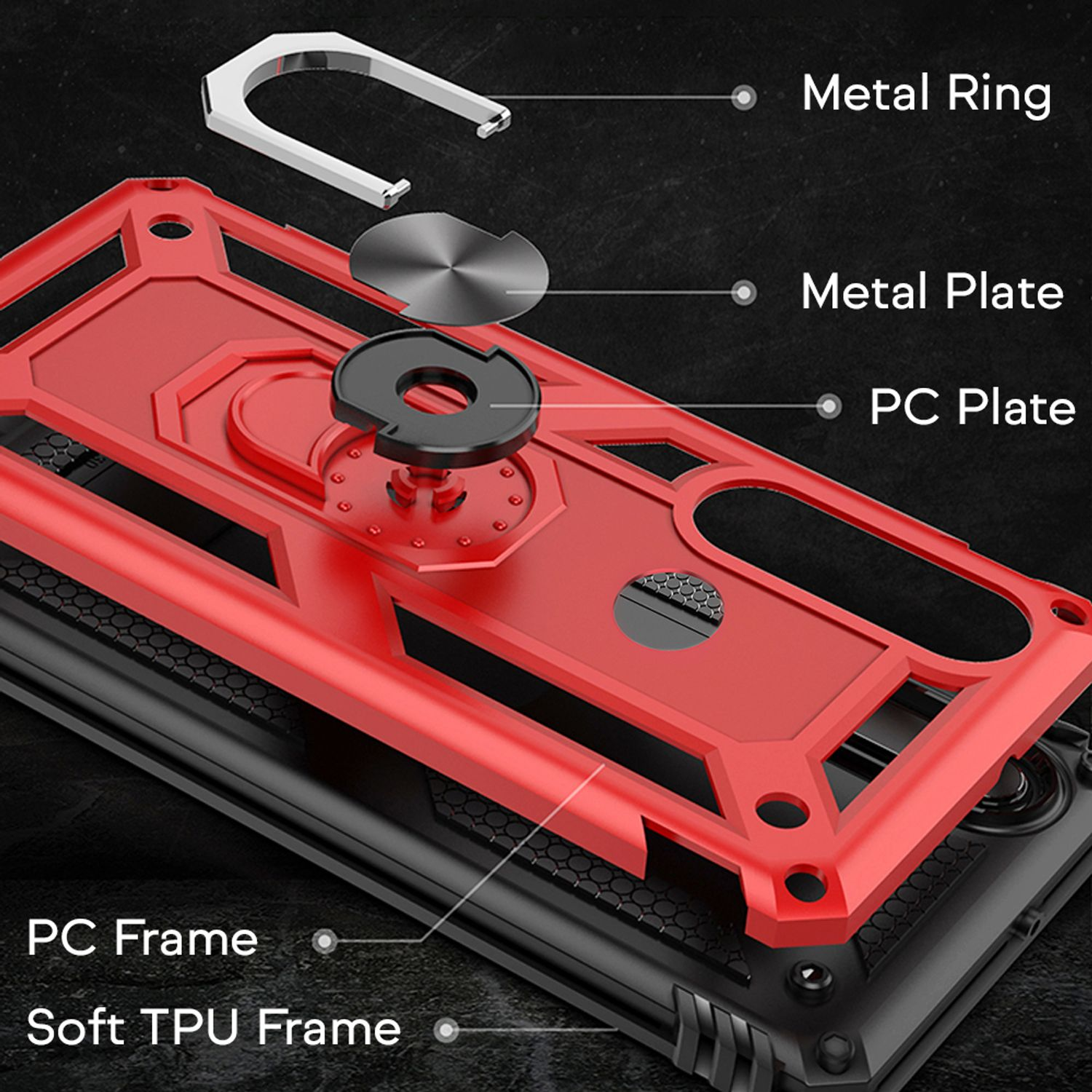 Rote Handyhüllen-Komponenten: Metallring, Metallplatte und PC-Platte. PC- und weiche TPU-Rahmendetails werden gezeigt.
