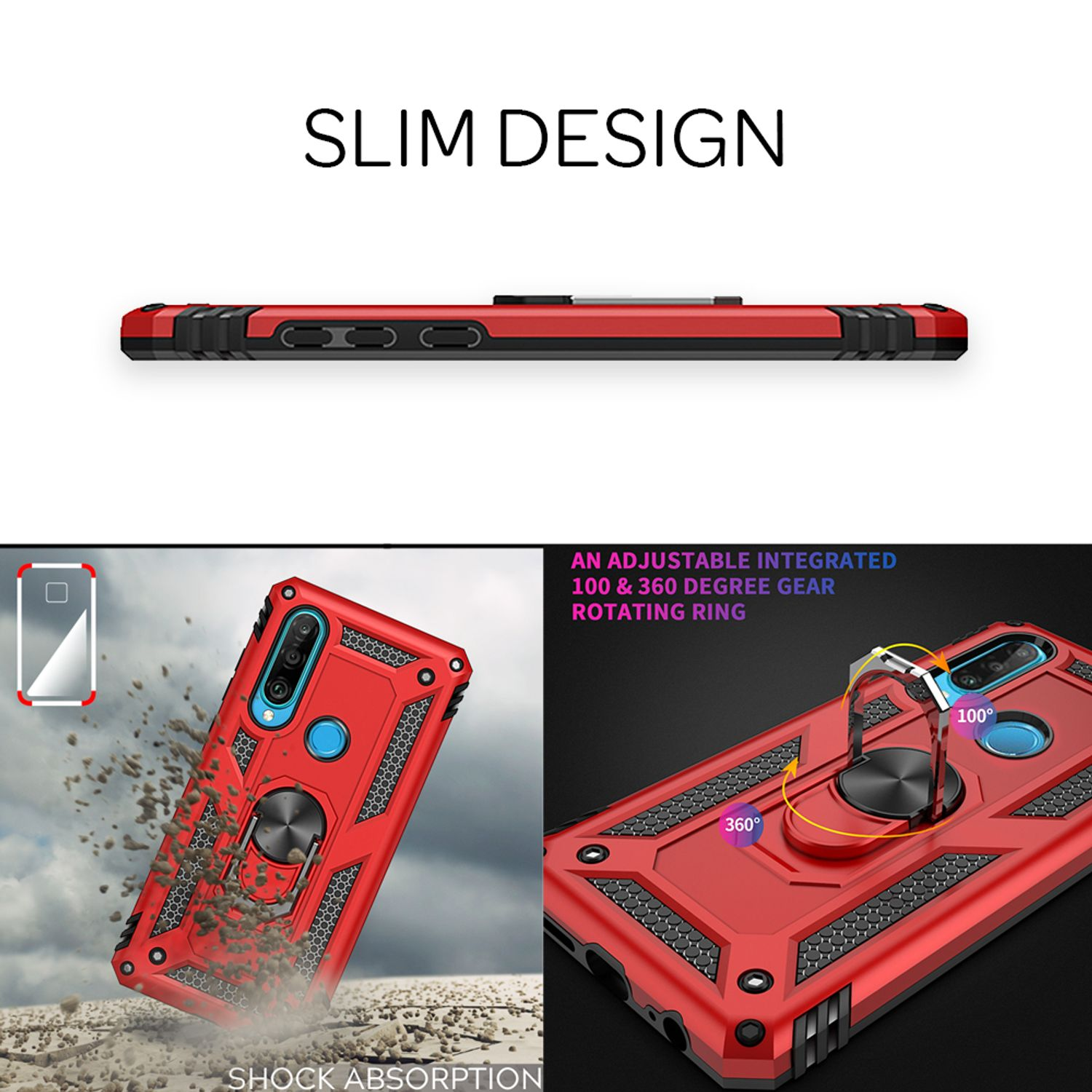 Coque de téléphone rouge avec anneau, absorption des chocs et design fin.