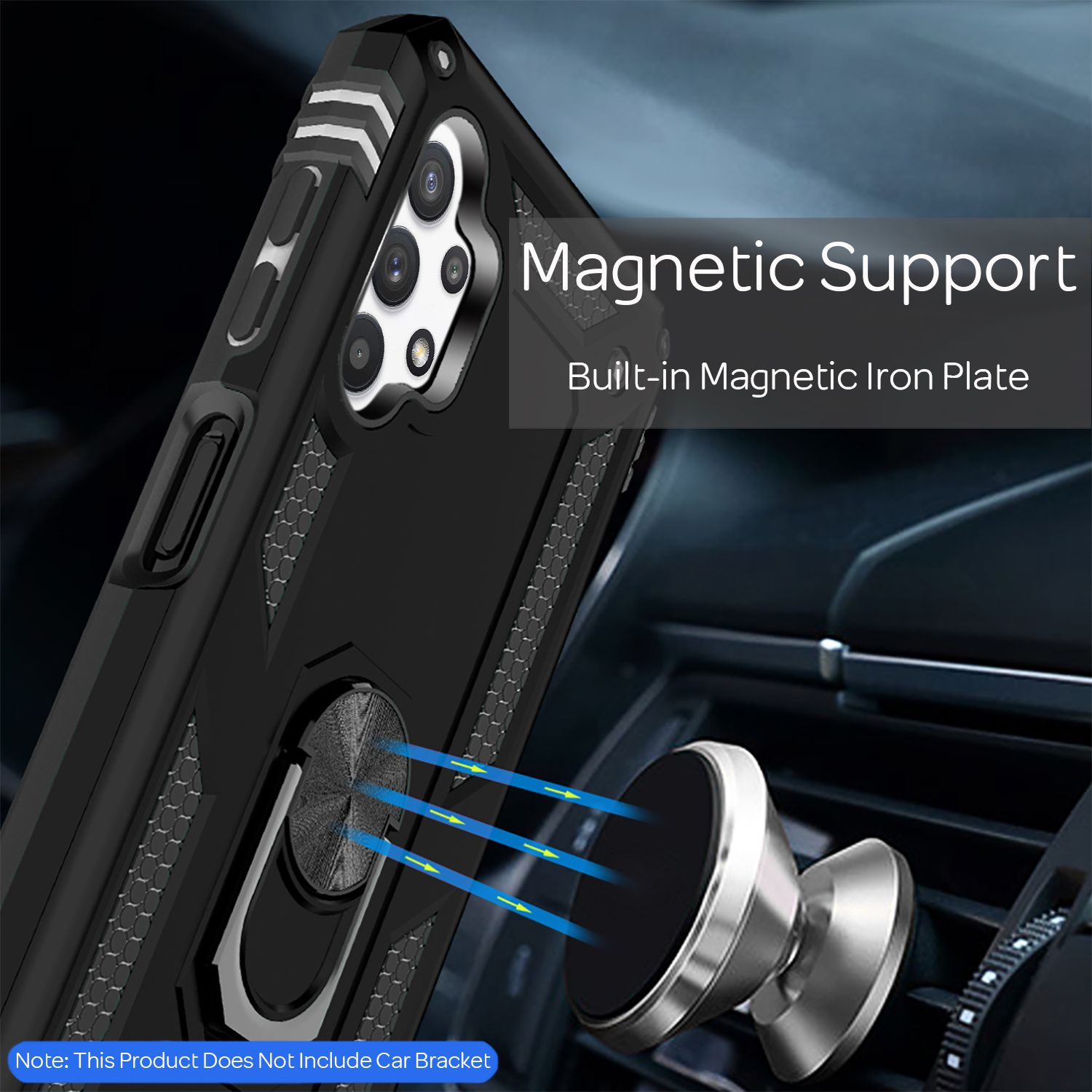Schwarze Handyhülle mit magnetischem Ständer am Auto-Luftauslass, silberfarben.