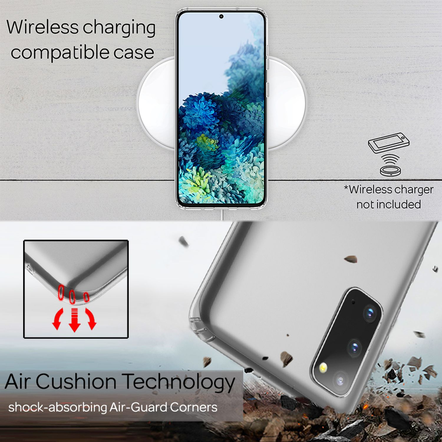 Telefon auf einem kabellosen Ladegerät. Transparente Handyhülle auf dem Telefon mit Luftpolstertechnologie.