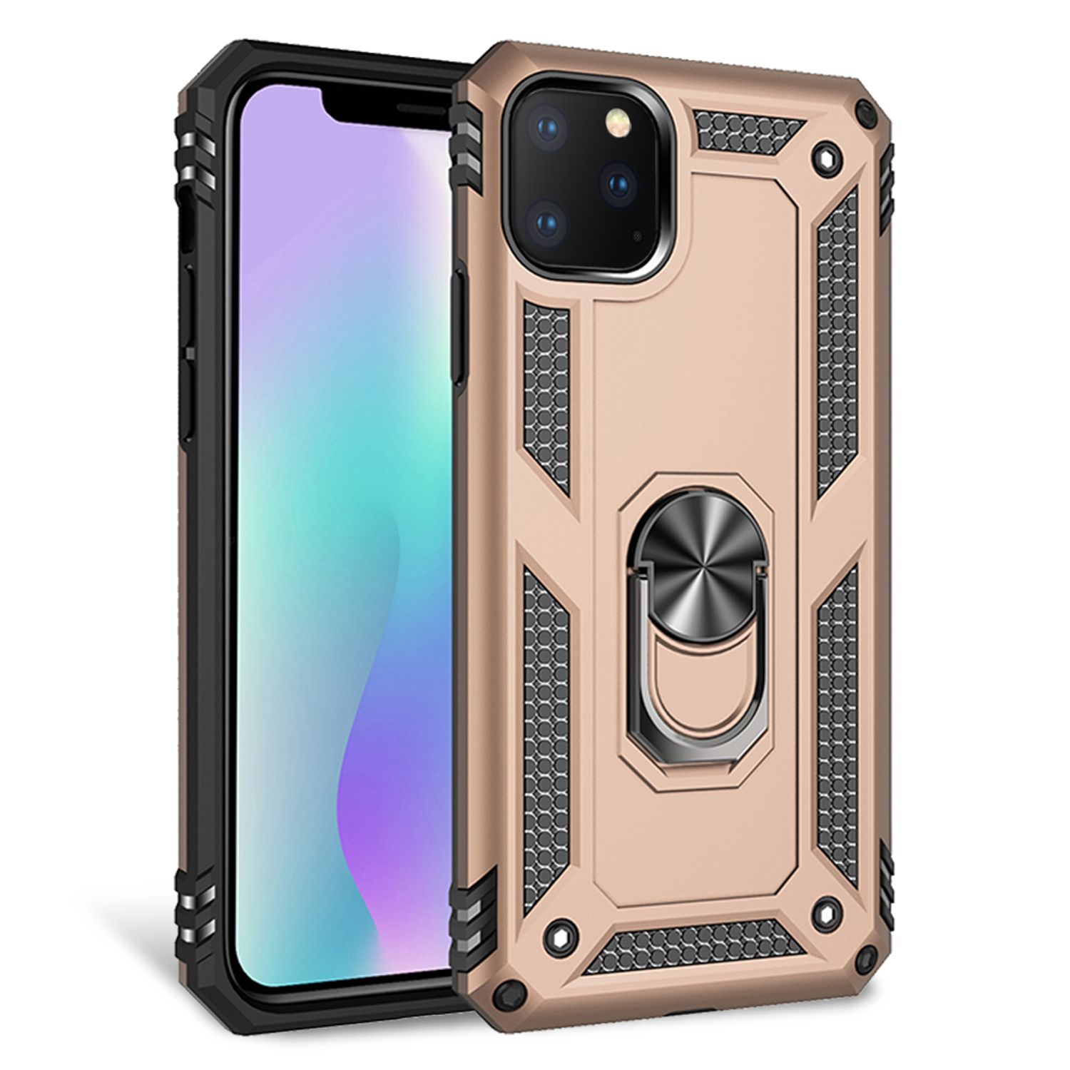Funda beige para teléfono con detalles negros y soporte de anillo, sobre blanco.