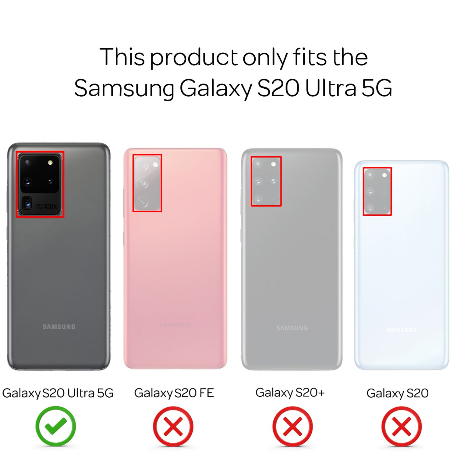 Vier Samsung Galaxy-Telefone. Nur das Galaxy S20 Ultra 5G ist mit diesem Produkt kompatibel.