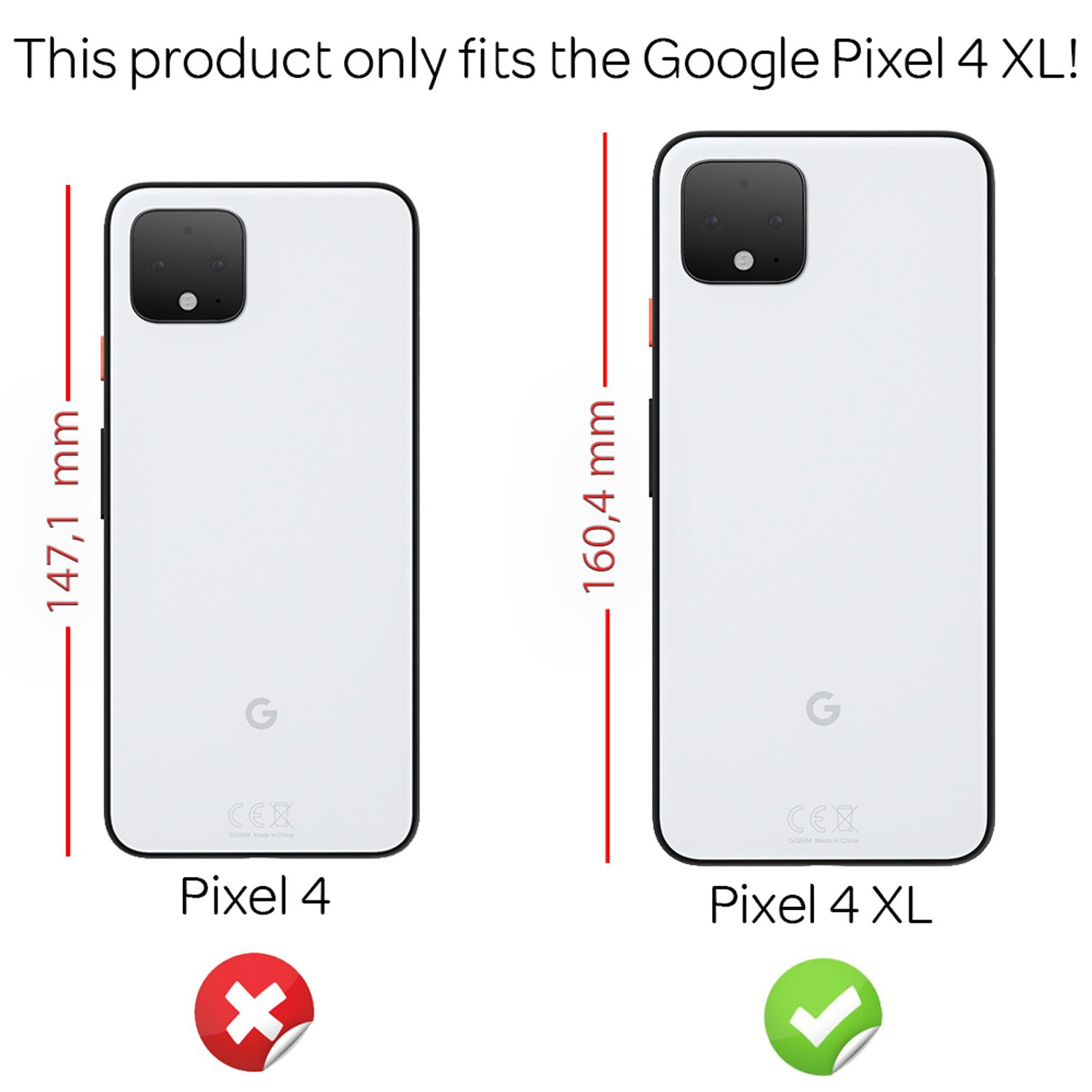 Due telefoni affiancati. Uno è un Pixel 4, l'altro è un Pixel 4 XL. Il testo mostra le dimensioni.
