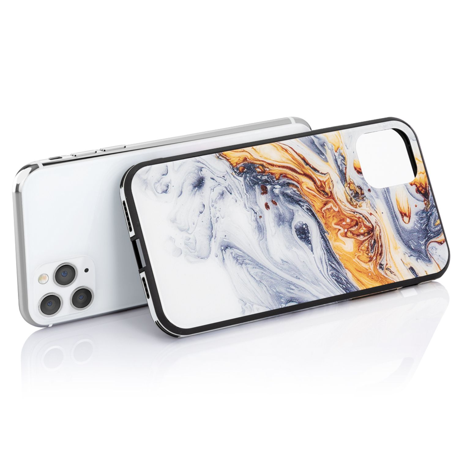 Weißes Telefon mit Marmorgehäuse, zwei Kameras, schwarzer Rahmen.