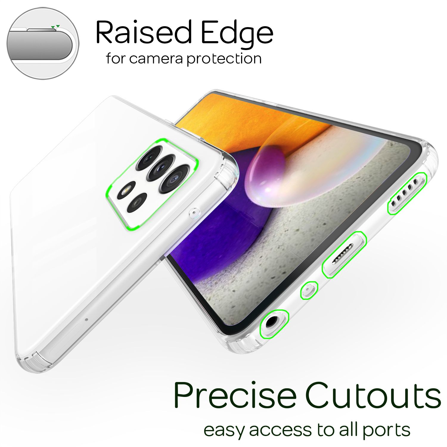 Zwei Handyhüllen, eine transparente und eine mit einem Telefon darin. Erhöhter Rand zum Schutz der Kamera und präzise Aussparungen.