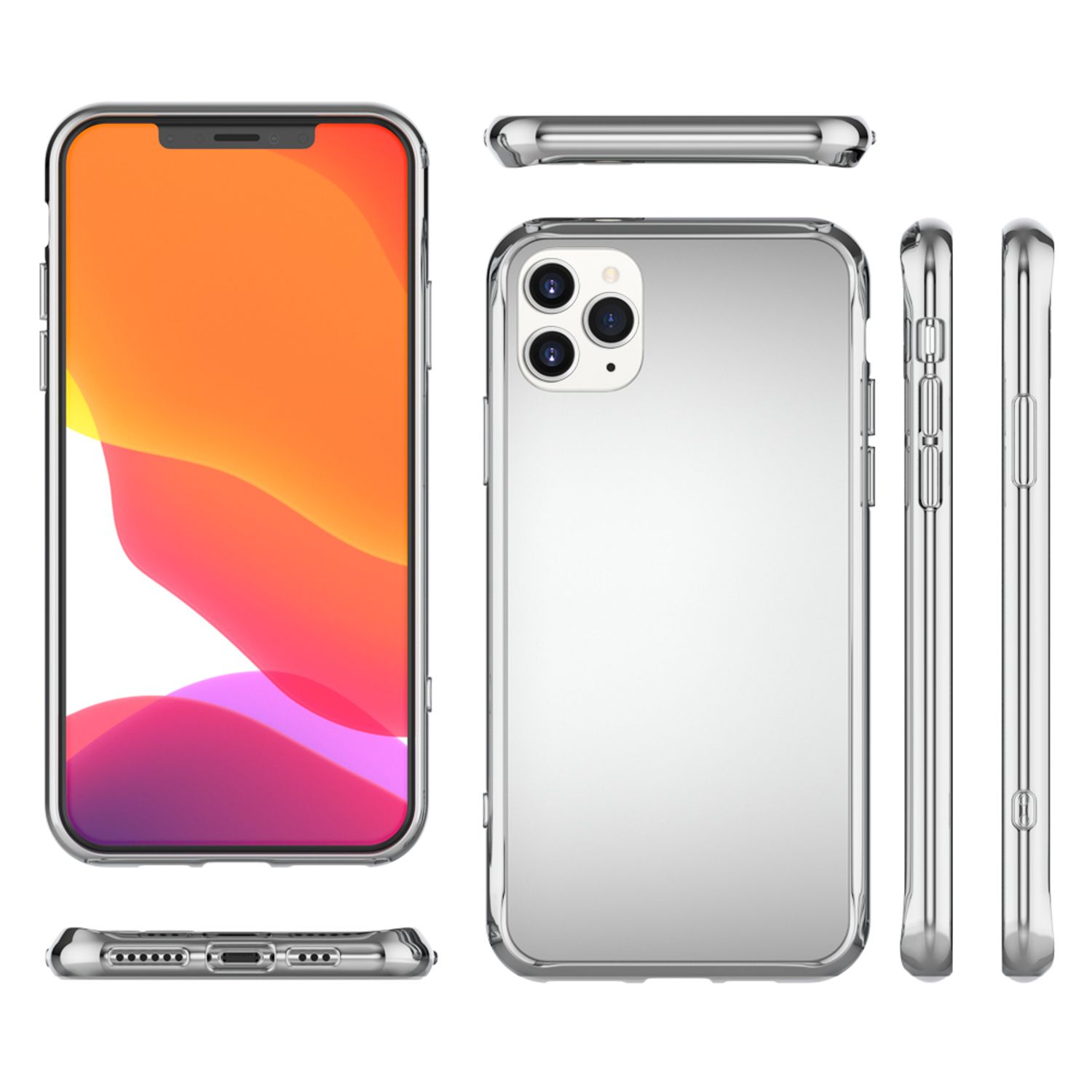 Silberne Handyhülle mit verschiedenen Ansichten. Das Telefon hat einen orangefarbenen Bildschirm.