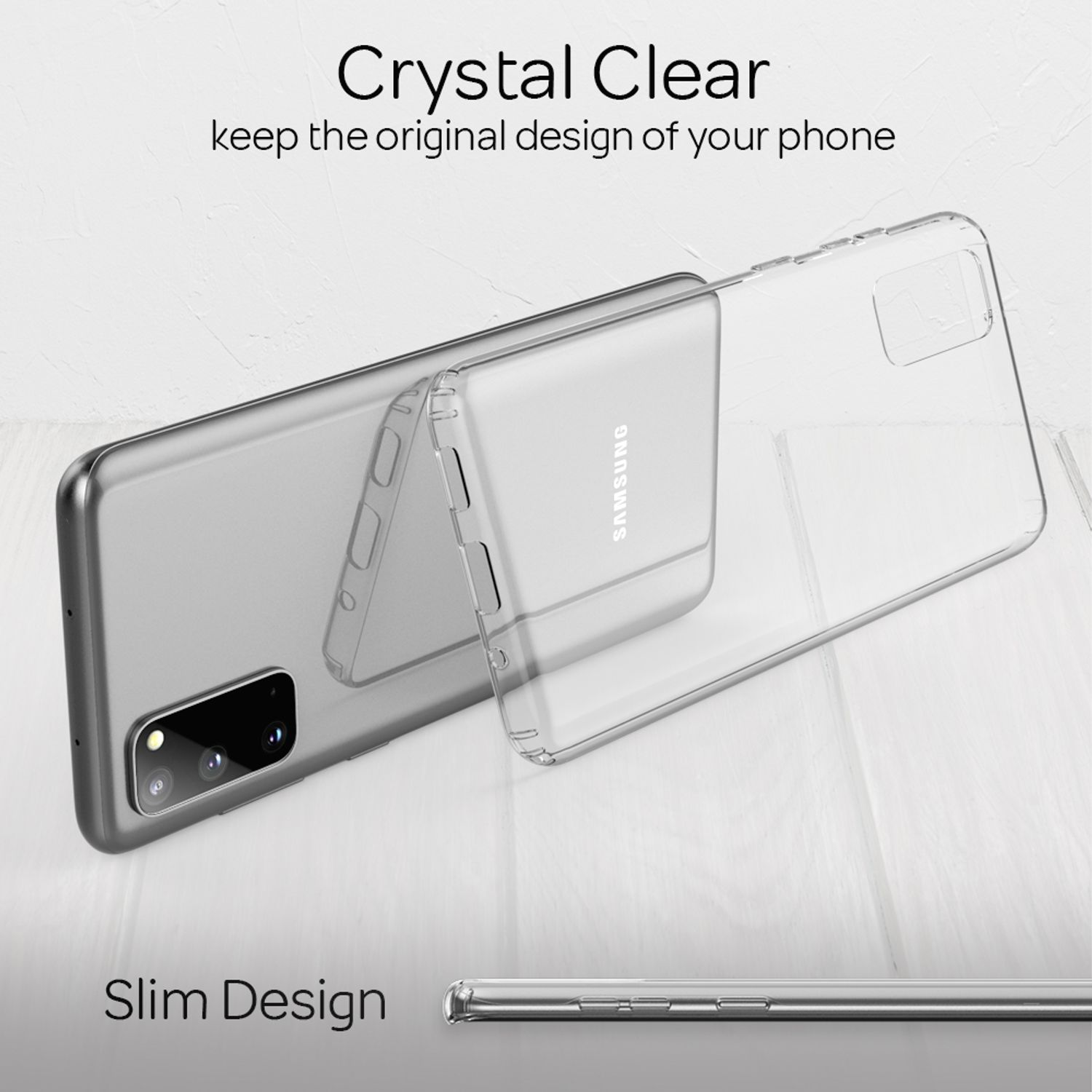 Transparente Handyhülle auf einem silbernen Telefon.