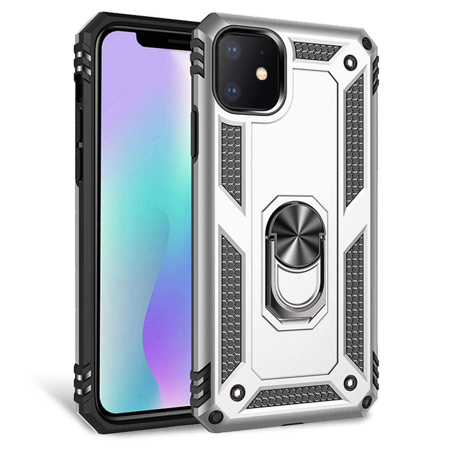 Silber-schwarze Handyhülle, Ringhalter. Telefon links.