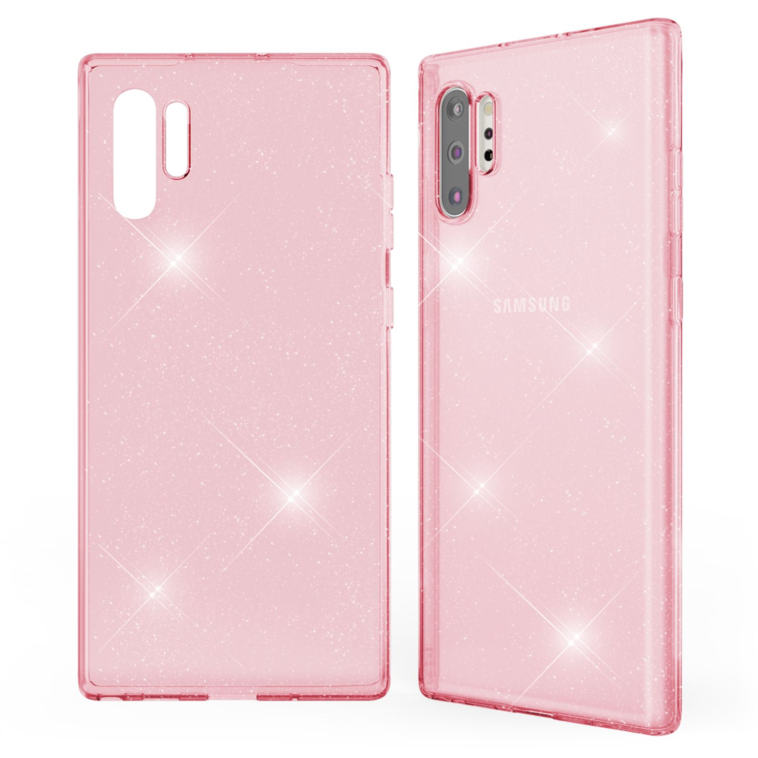 Zwei rosa Handyhüllen mit Glitzer, eine zeigt Vorder- und Rückseite.