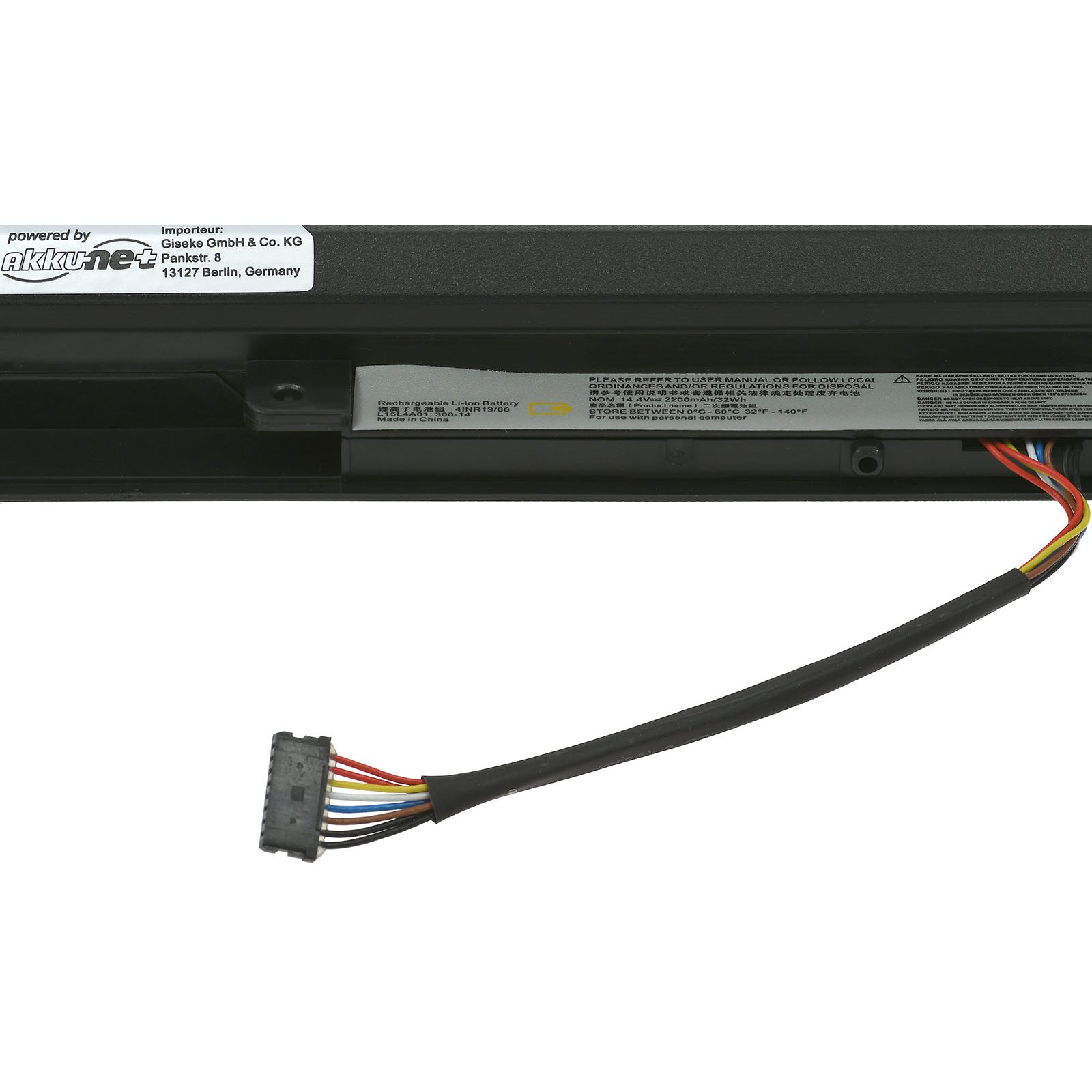 Batería de portátil, negra. Muestra un conector con cables adjuntos y etiquetas informativas.