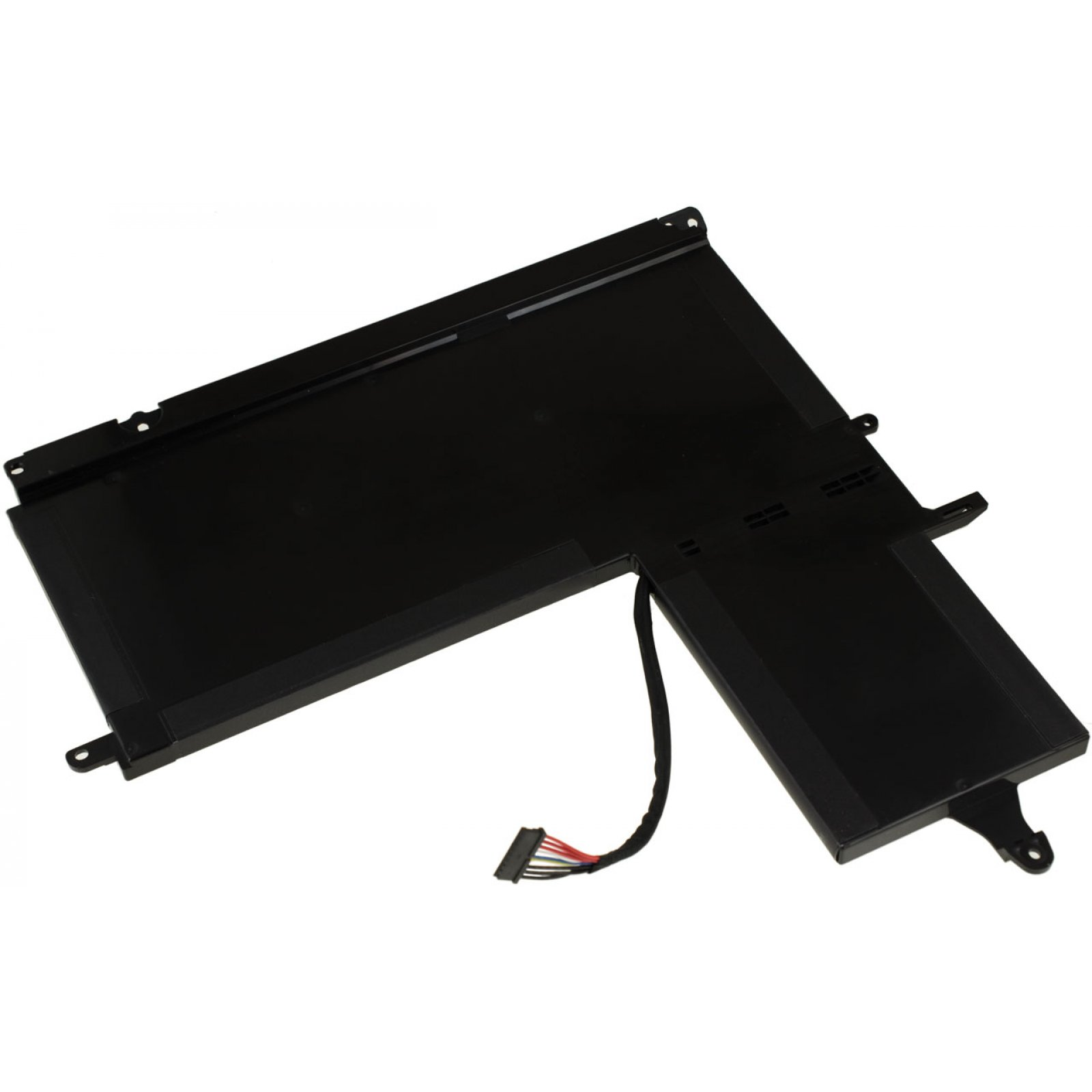 Laptop-Akku mit Kabel und Stecker, schwarz und silberfarben.