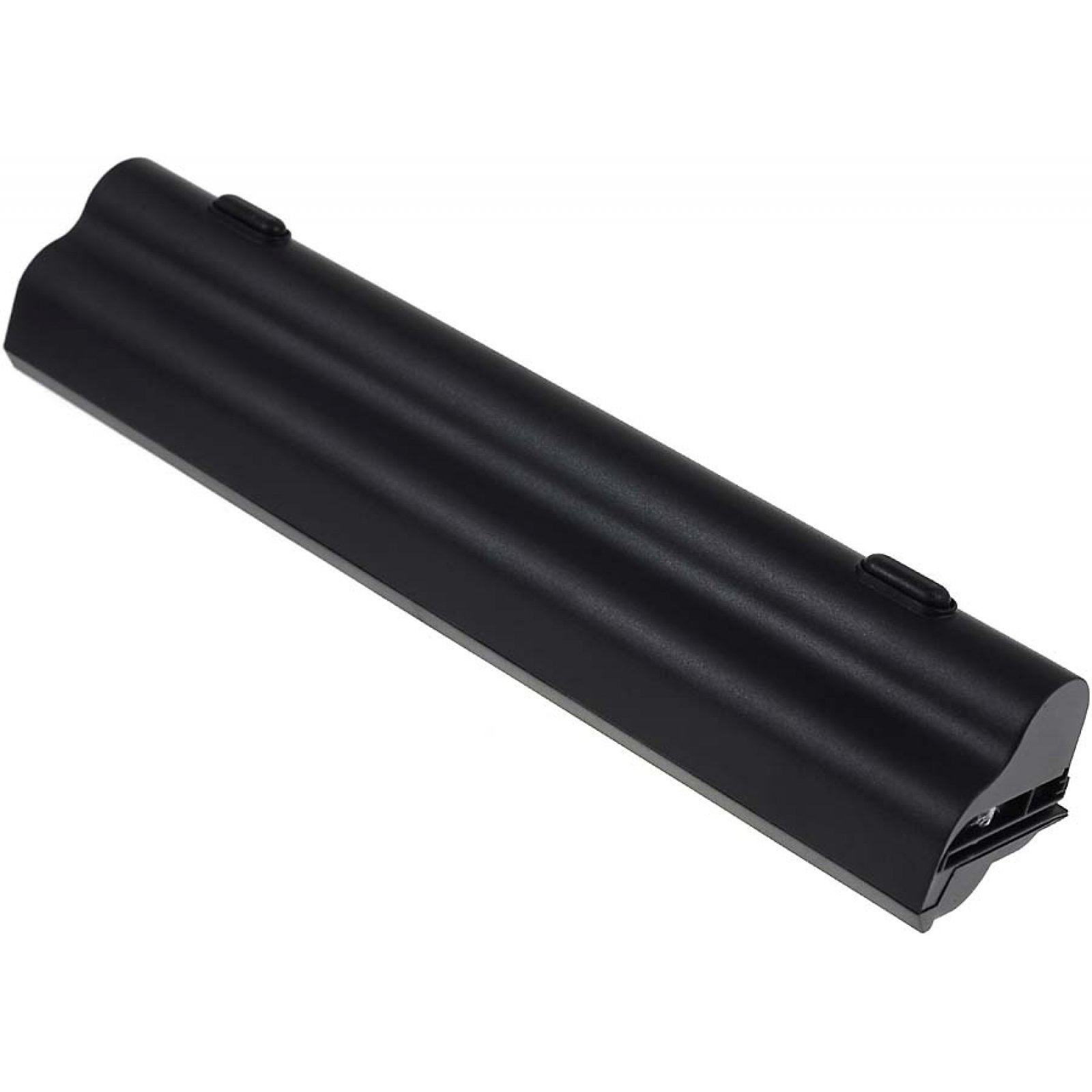 Batería negra de portátil sobre blanco. Es rectangular y tiene extremos redondeados.
