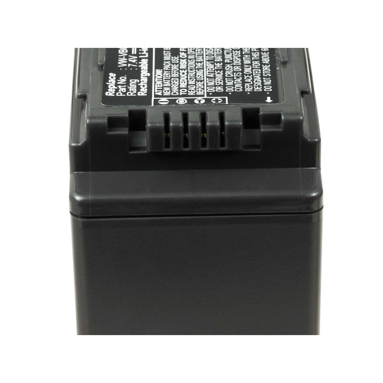 Paquete de baterías negro con advertencias, número de pieza y etiqueta de 7.4V.