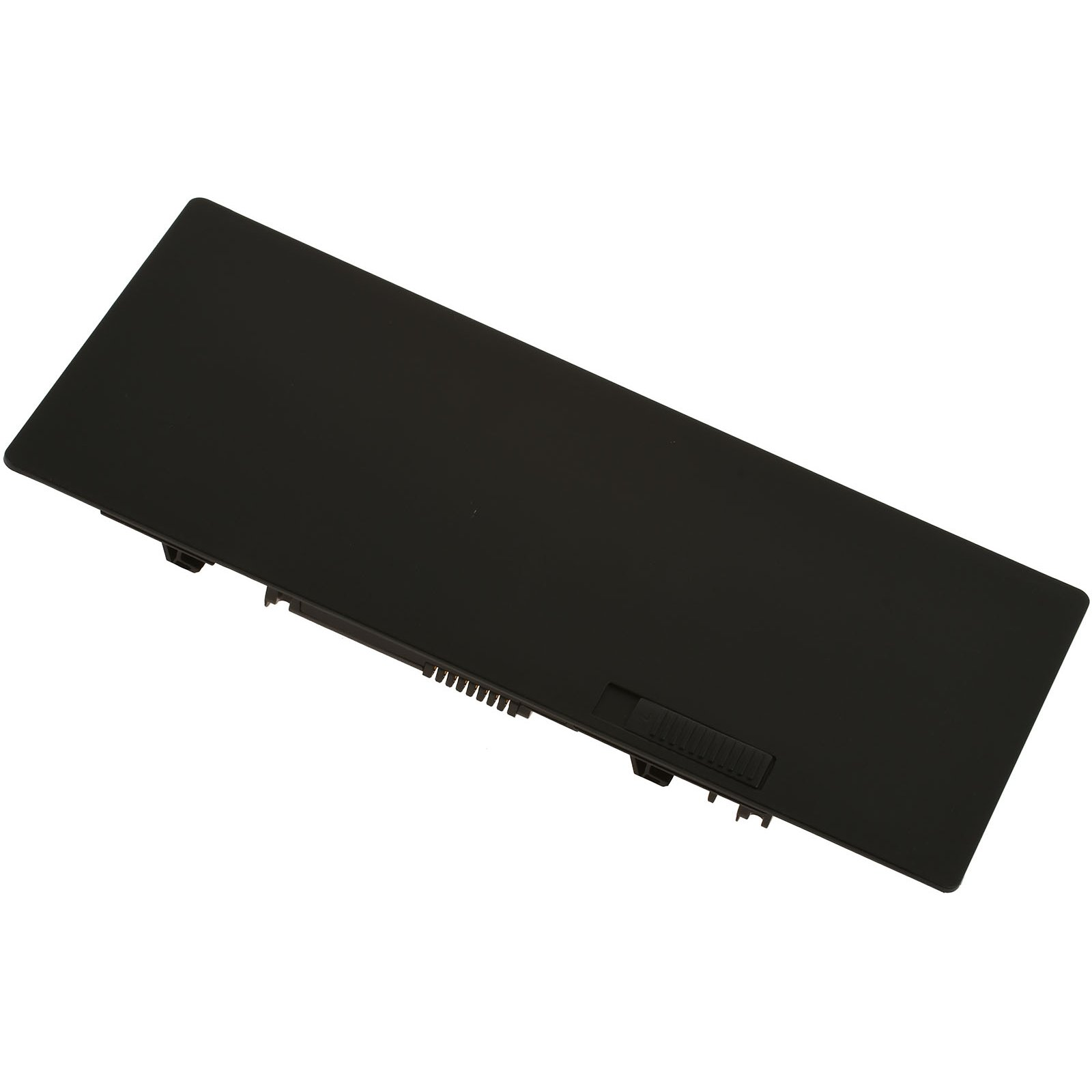 Batería negra, rectangular. La superficie superior es lisa y los bordes están ligeramente biselados.