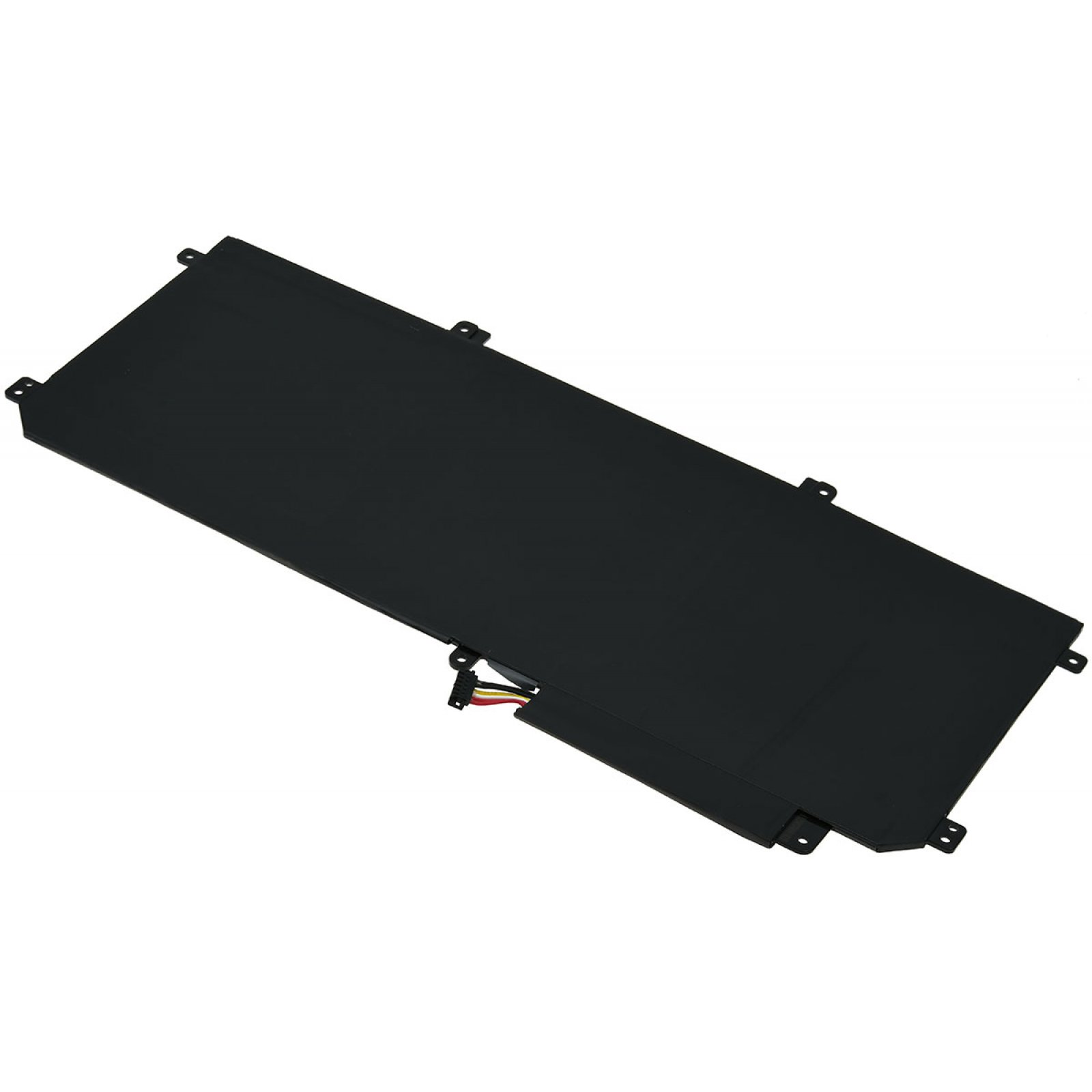 Batería negra y rectangular para portátil con conectores, sobre superficie blanca.