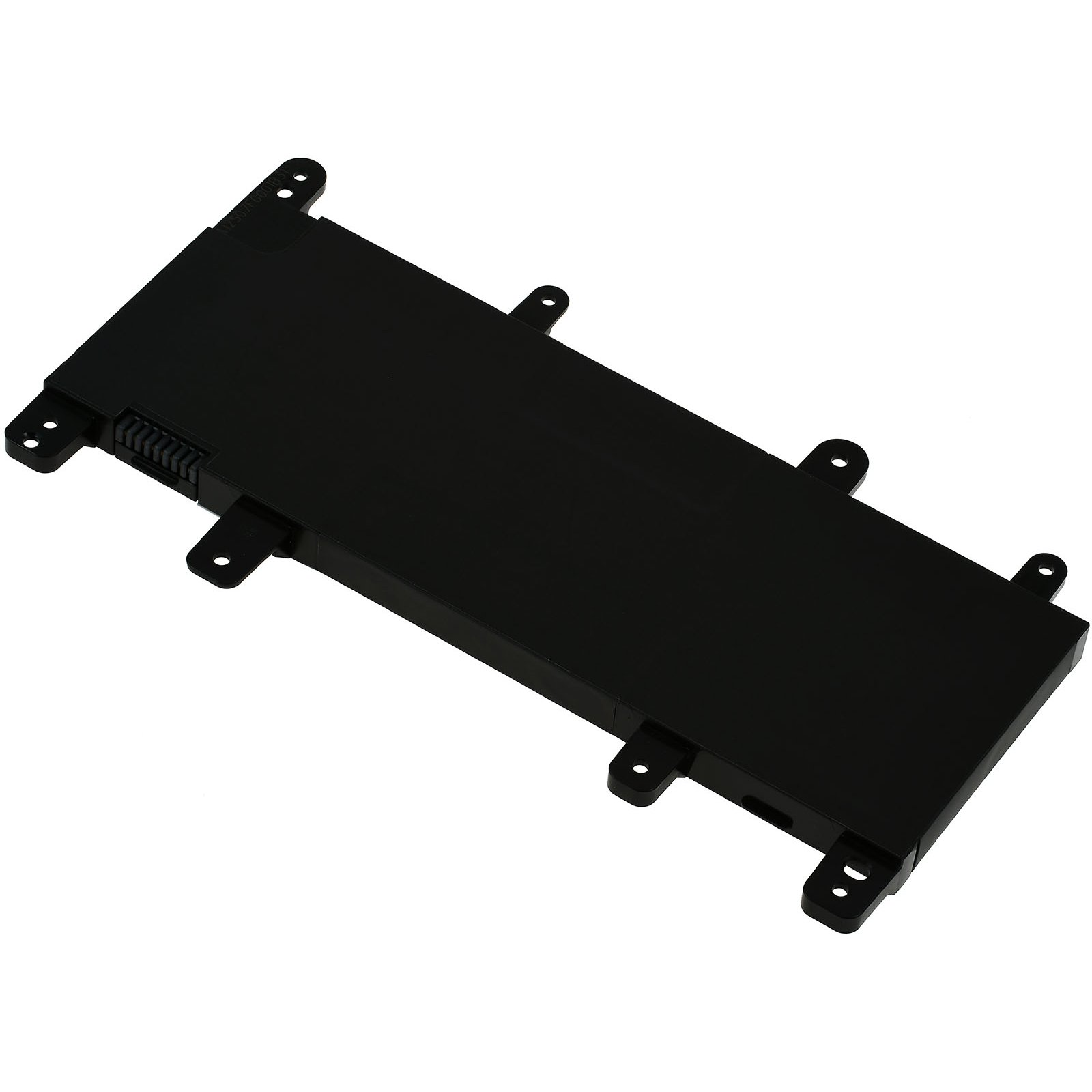 Batería de portátil negra, rectangular con varios agujeros y puntos de montaje.