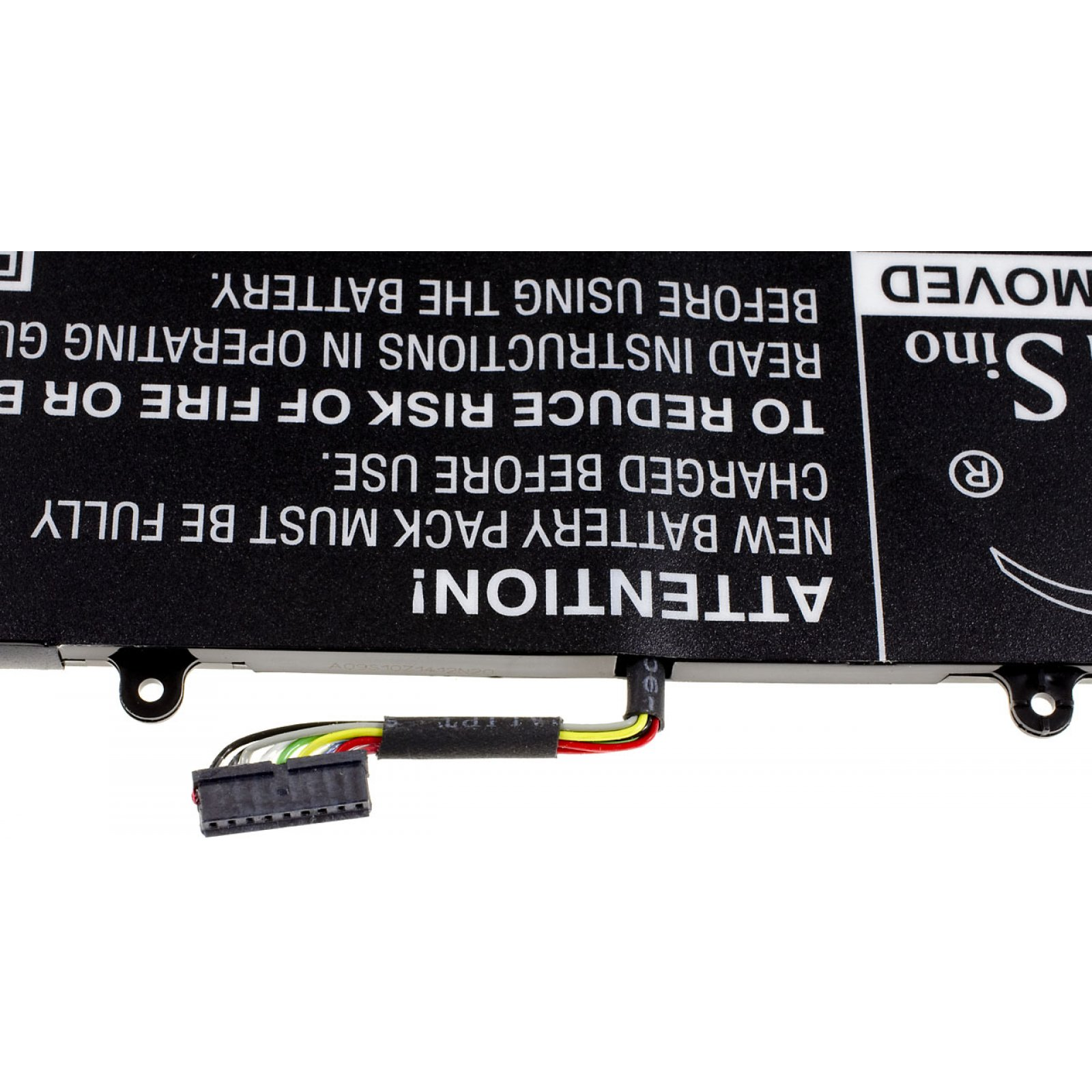 Una batería con un conector negro y una etiqueta de advertencia con instrucciones.