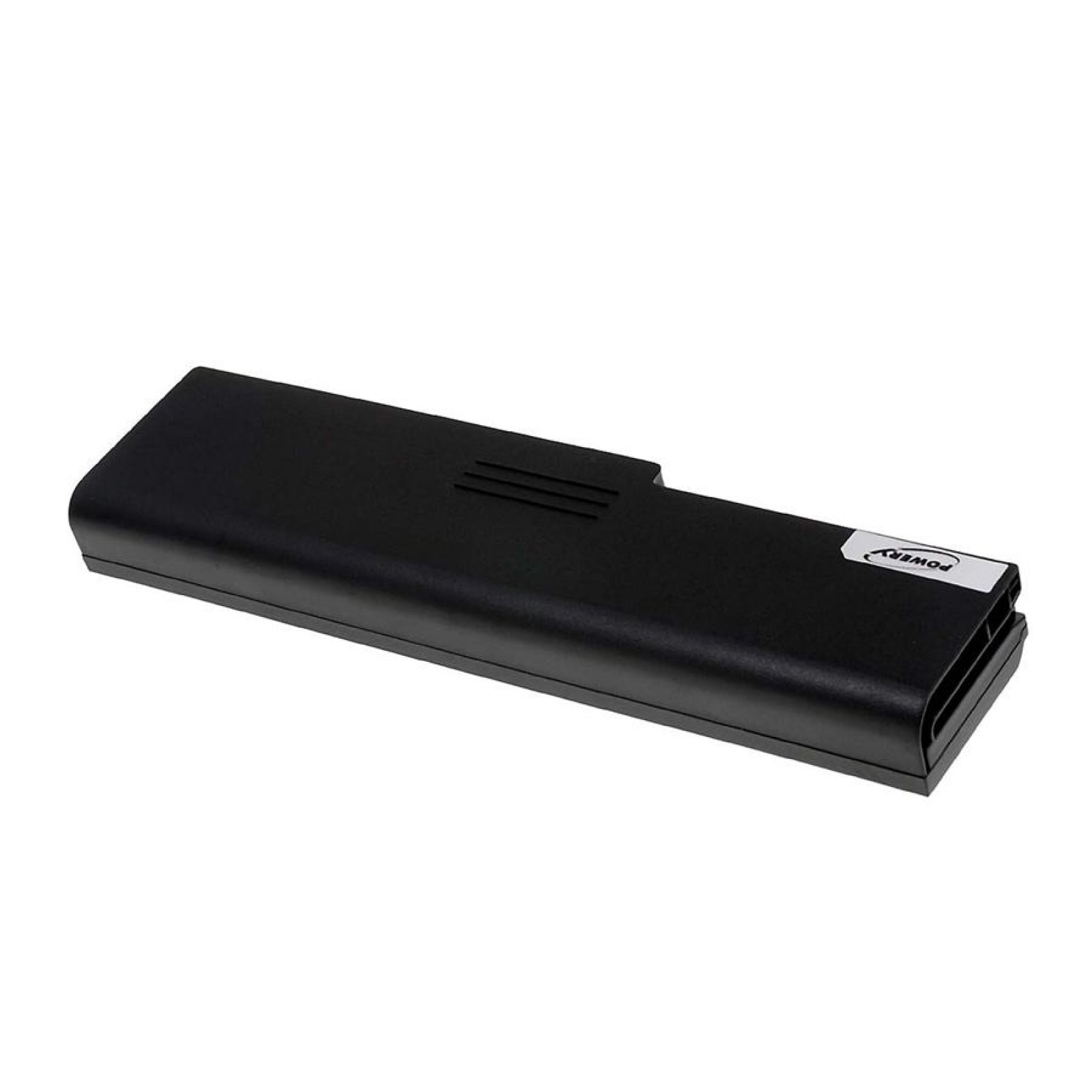Batería rectangular negra con etiqueta plateada que dice 'POWER'. La batería tiene la parte superior acanalada.